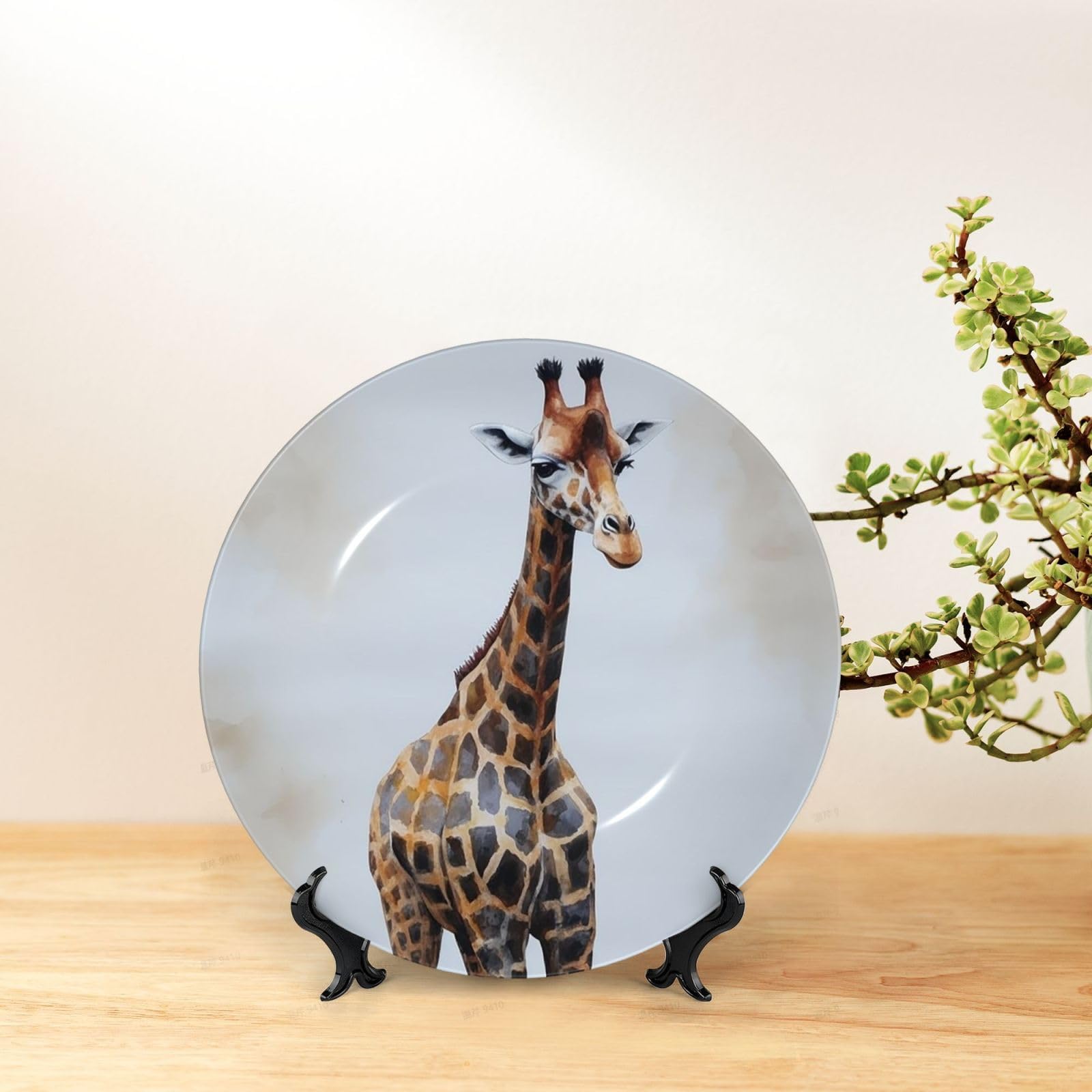 Giraffe Bone China Decorative Plate, Chinese Style Decorative Dish with Display Stand, Ceramic Ornament Art Crafts Porcelain Plate for Living Room Hallway Table Decor