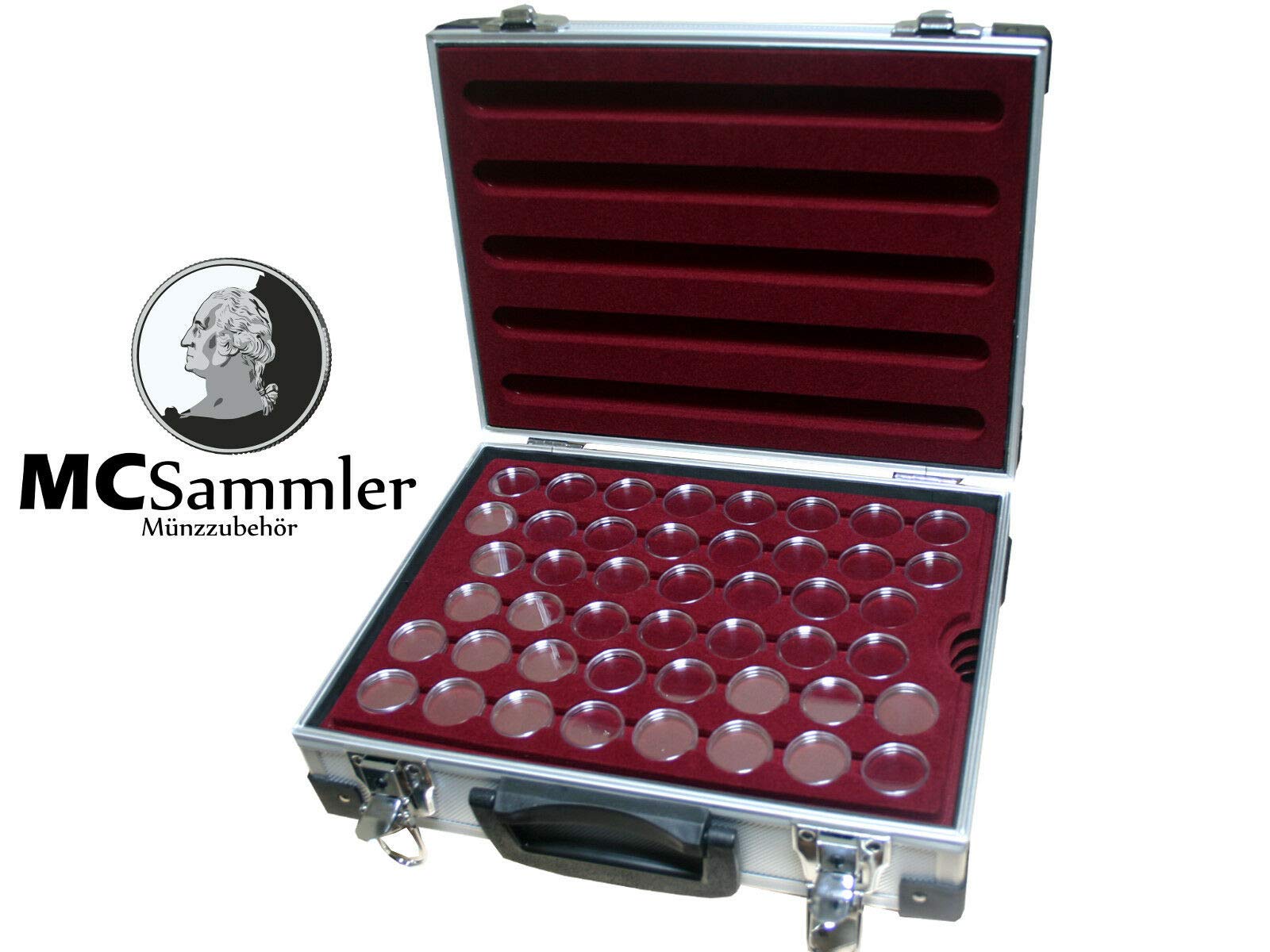 MC.Sammler - Valigetta portamonete in alluminio, con 5 vassoi portamonete per 230 monete da 2 euro in capsule, con 230 capsule da 26 mm