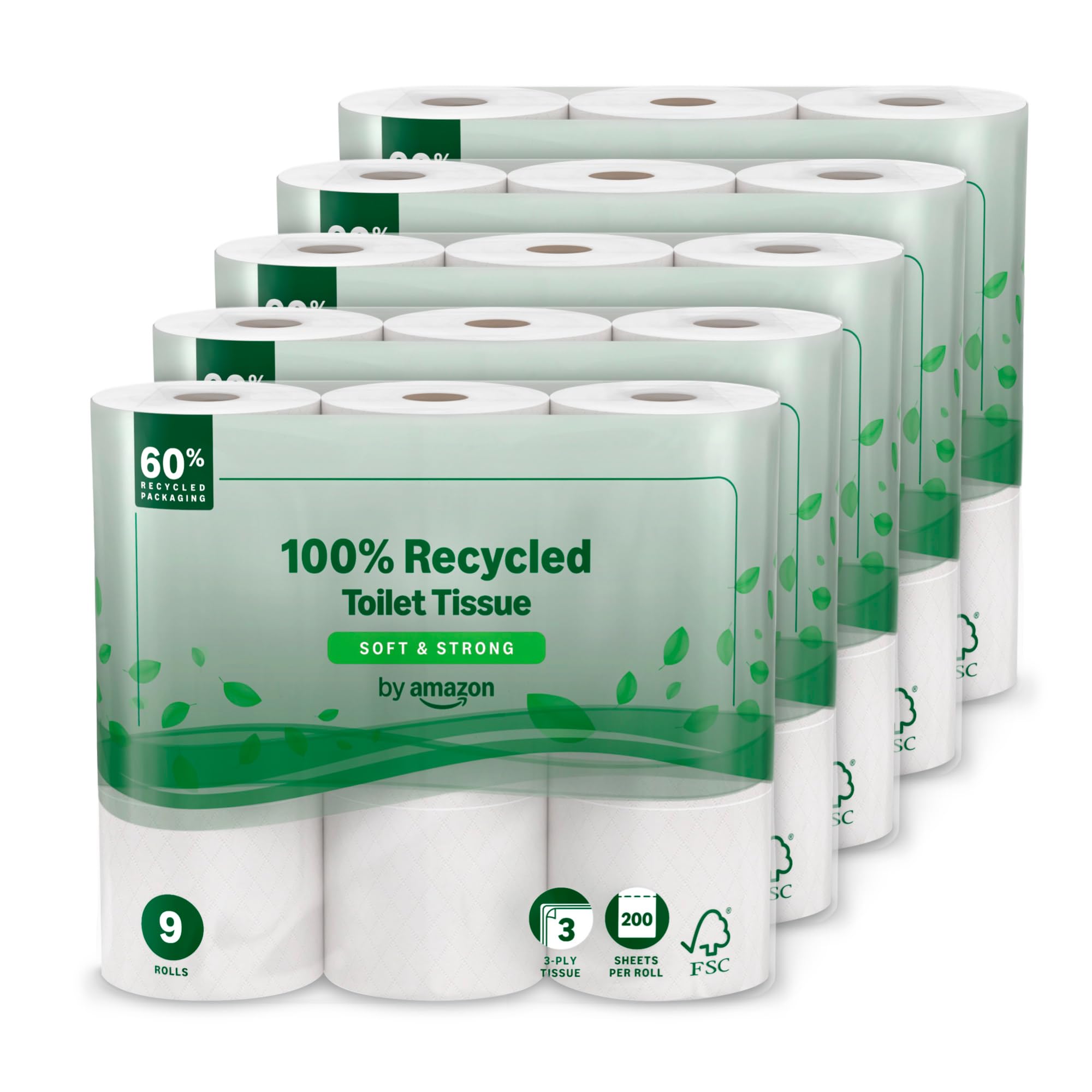 by Amazon Toilet Roll, 3-ply 100% Recycled, Soft and Strong, 45 Rolls (5 Packs of 9), 200 Sheets per Roll, FSC Certified