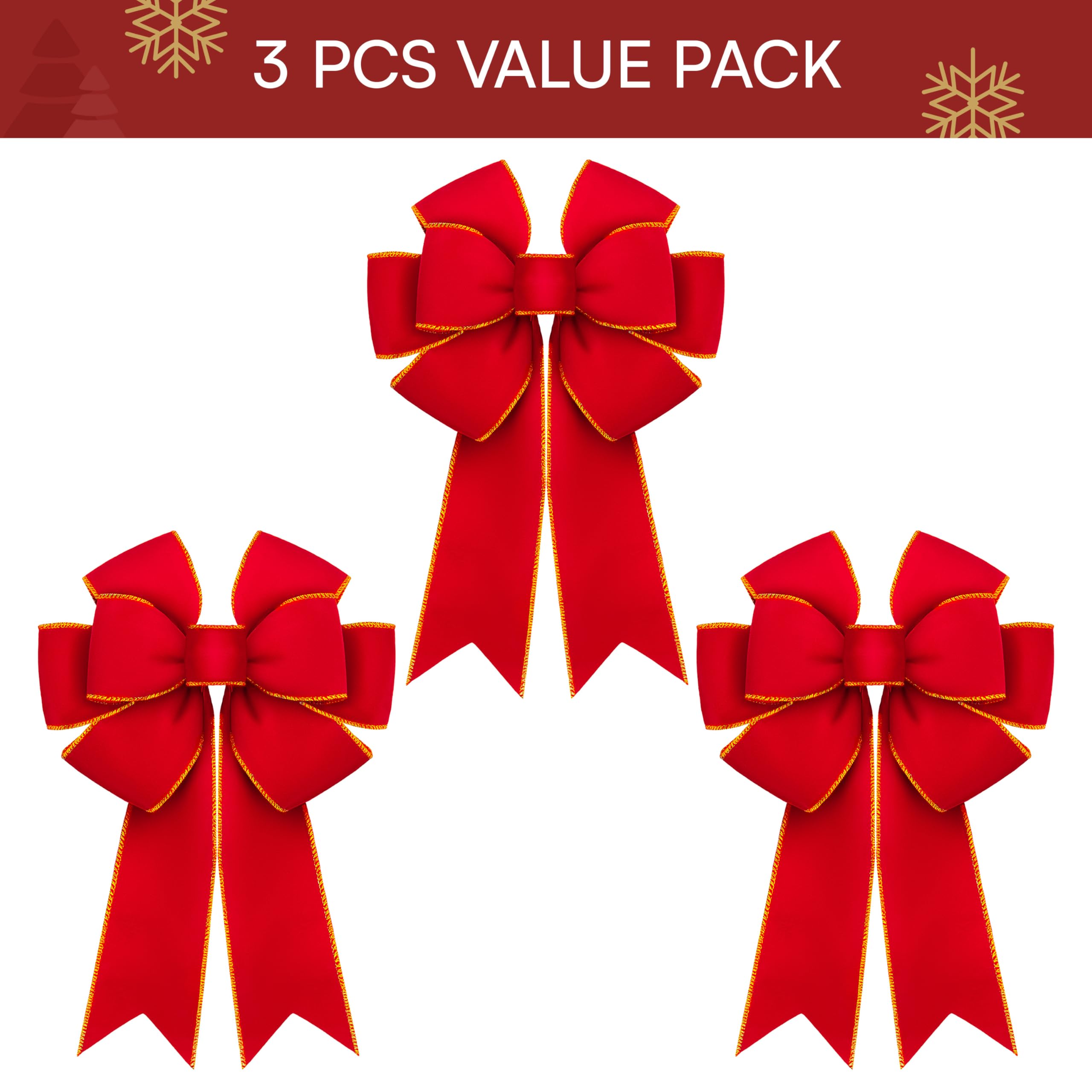 JOYIN 3 fiocchi di velluto rosso 35,6 x 30,5 cm per Natale, grandi fiocchi di Natale rossi per ghirlanda, albero, scatole regalo, decorazioni esterne, fiocchi di velluto per albero di Natale