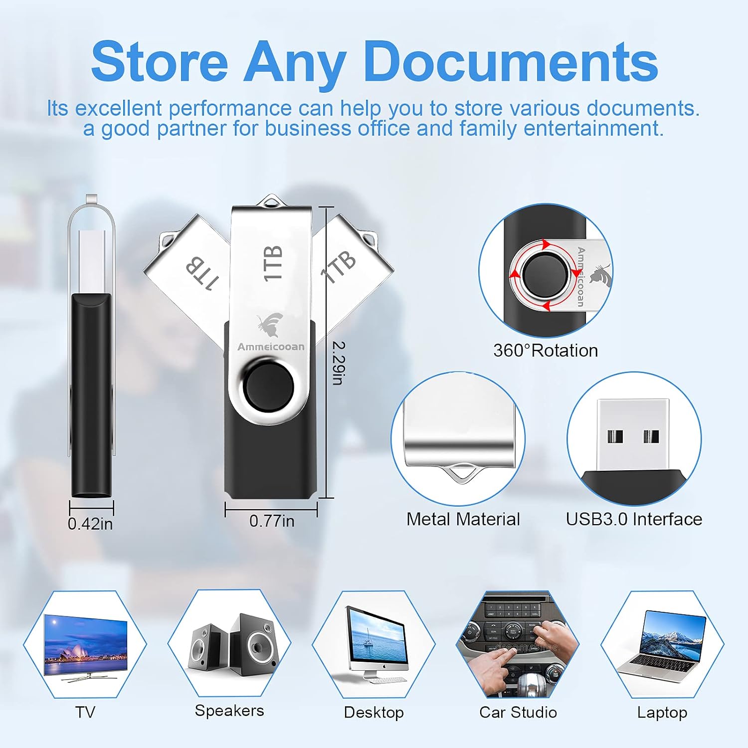 USB Flash Drive 3.0, AmmEicooan 1TB USB Thumb Drives Read & Write Speads up to 100MB/S for Laptop, External Data Storage Drive with Memory Stick,Rotated Desig,Jump Drive Storage (Black)