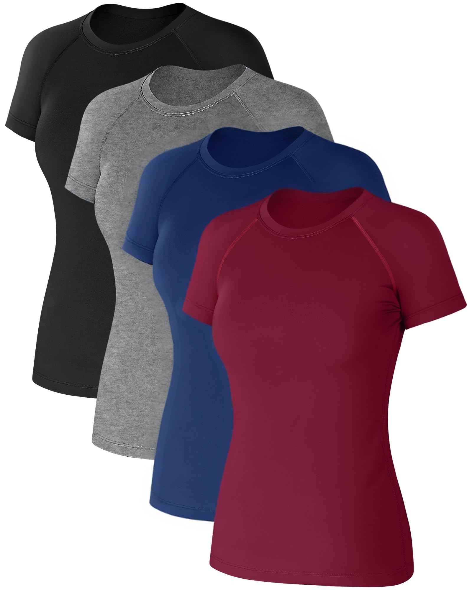 Coume 4 Pack Women's Compression Shirts Short Sleeve Workout Tops Running Athletic Yoga T-Shirt for Gym Sports Gear Quick Dry