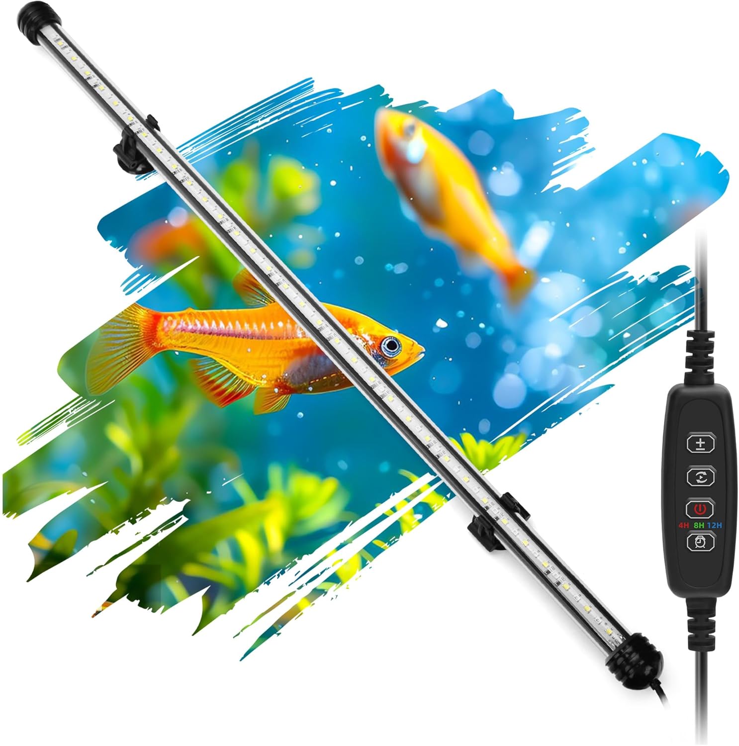 LED Submersible Aquarium Light 12W Underwater Fish Tank Light with Blue White&Blue and White Three Light Modes Timer Automatic On/Off and Dimmer Brightness Adjustable (22.8inch)