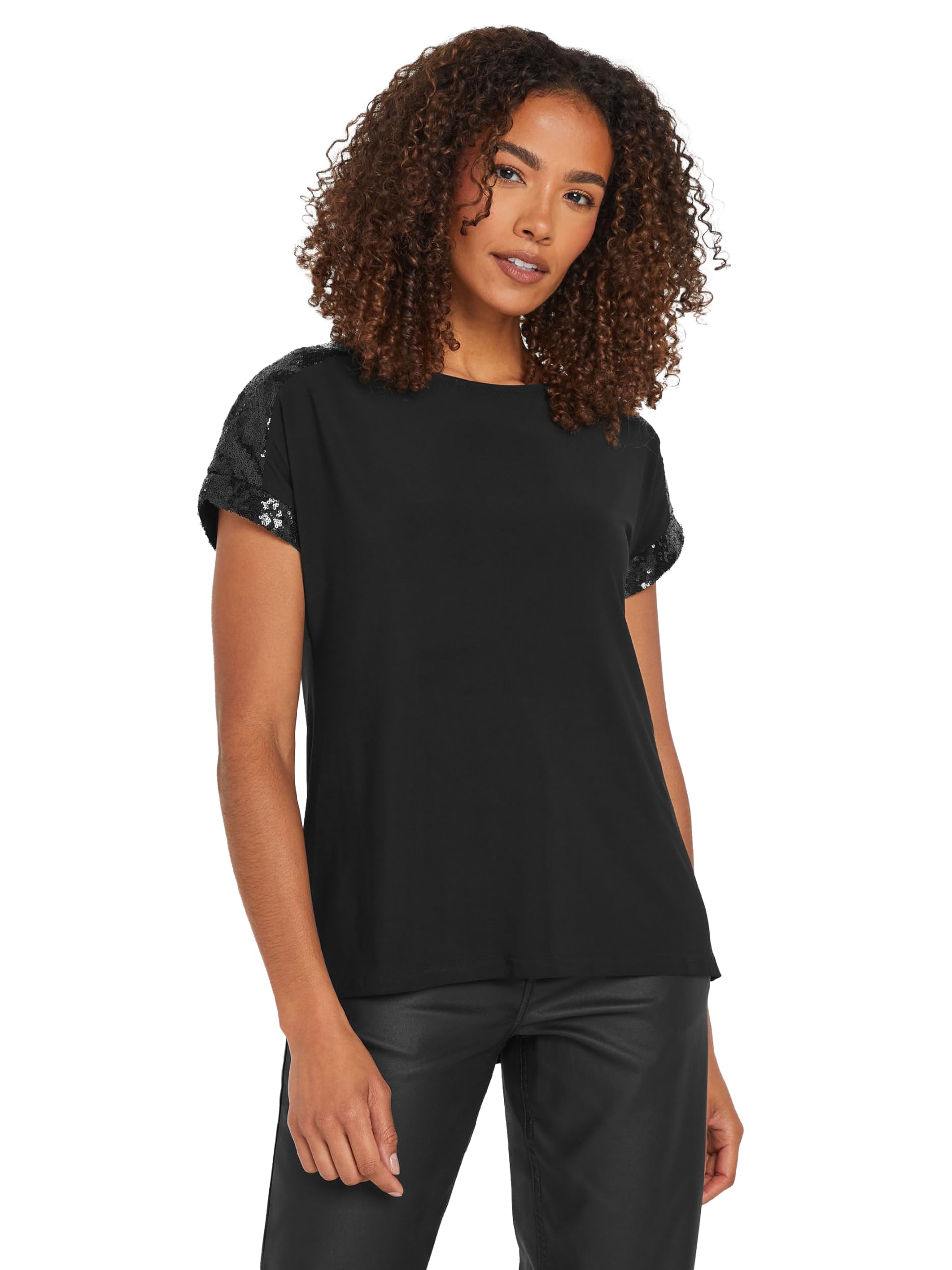 M&Co Women's Black Sequin Trim Short Sleeve Blouse Size 14