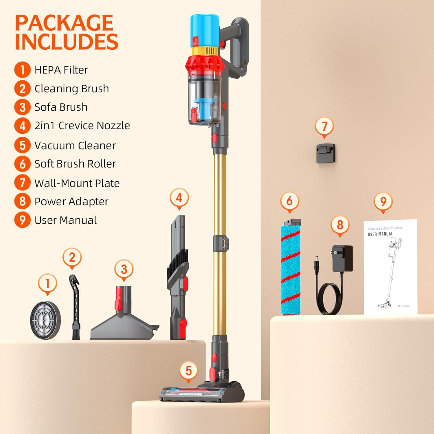 Cordless Vacuum Cleaner,550W 70Mins Powerful Suction Stick Vacuum, Anti-Tangle, Lightweight Vacuum Cleaner for Home with LED Screen, Rechargeable Vacuum Cordless for Carpet/Pet Hair/Hard Floor