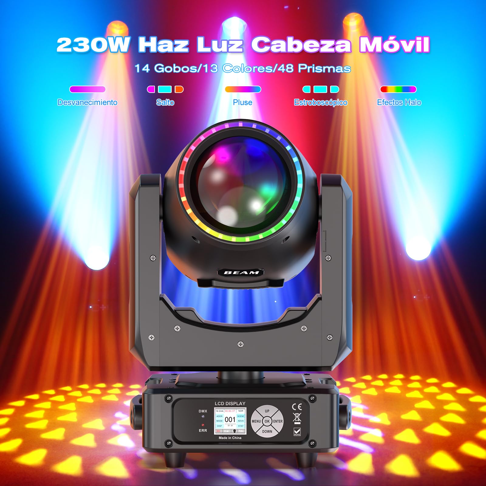4 pièces Lyre LED 230W 7R Beam Mini lumière de scène 14 couleurs 14 Gobos RGBW Disco Lumière Rotative dmx512 Prisme Jeu de Lumiere pour DJ Club Fête Bar Théâtre Mariage