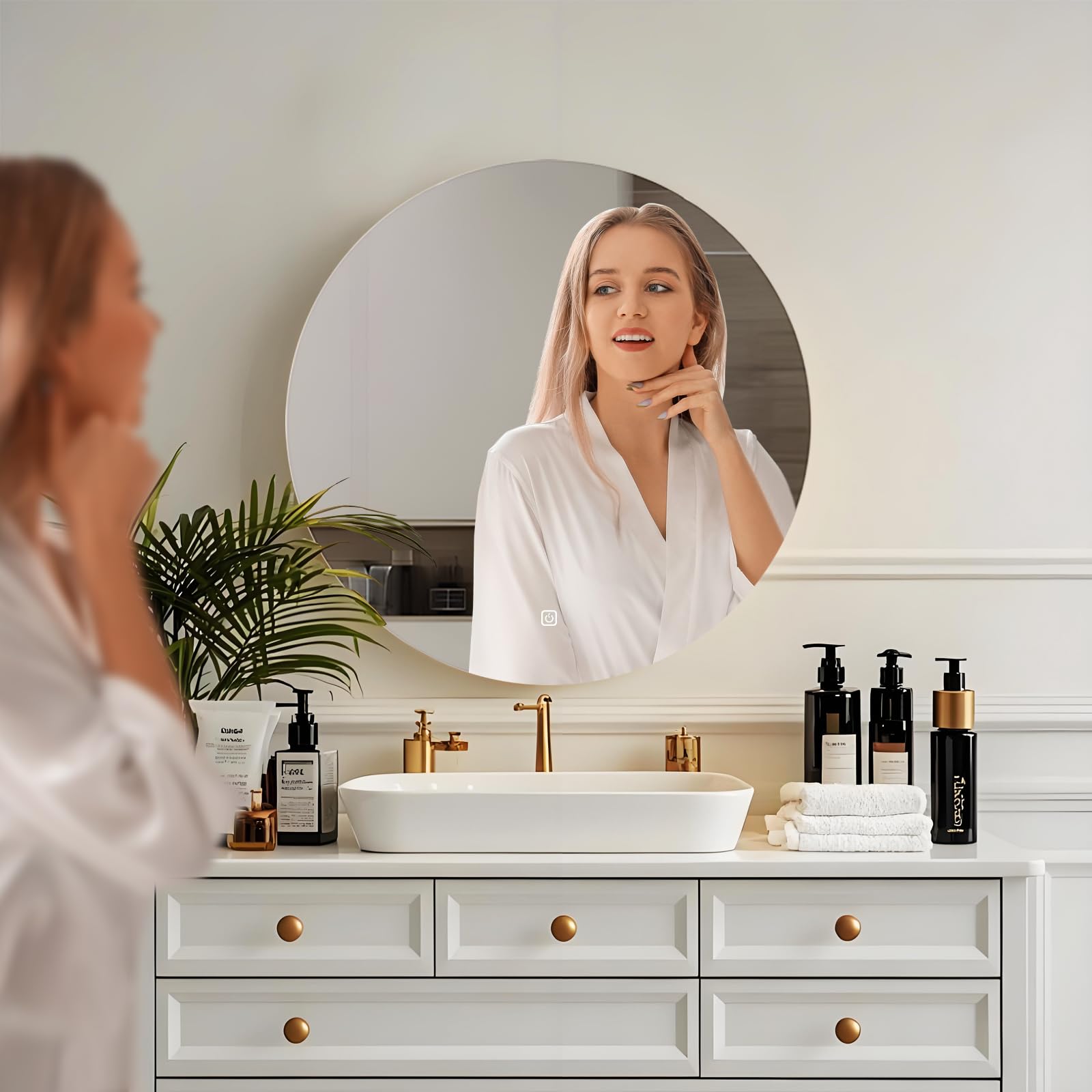 Miroir Salle de Bain LED Rond 50cm, 3 Couleurs Lumière Dimmable, Interrupteur Tactile