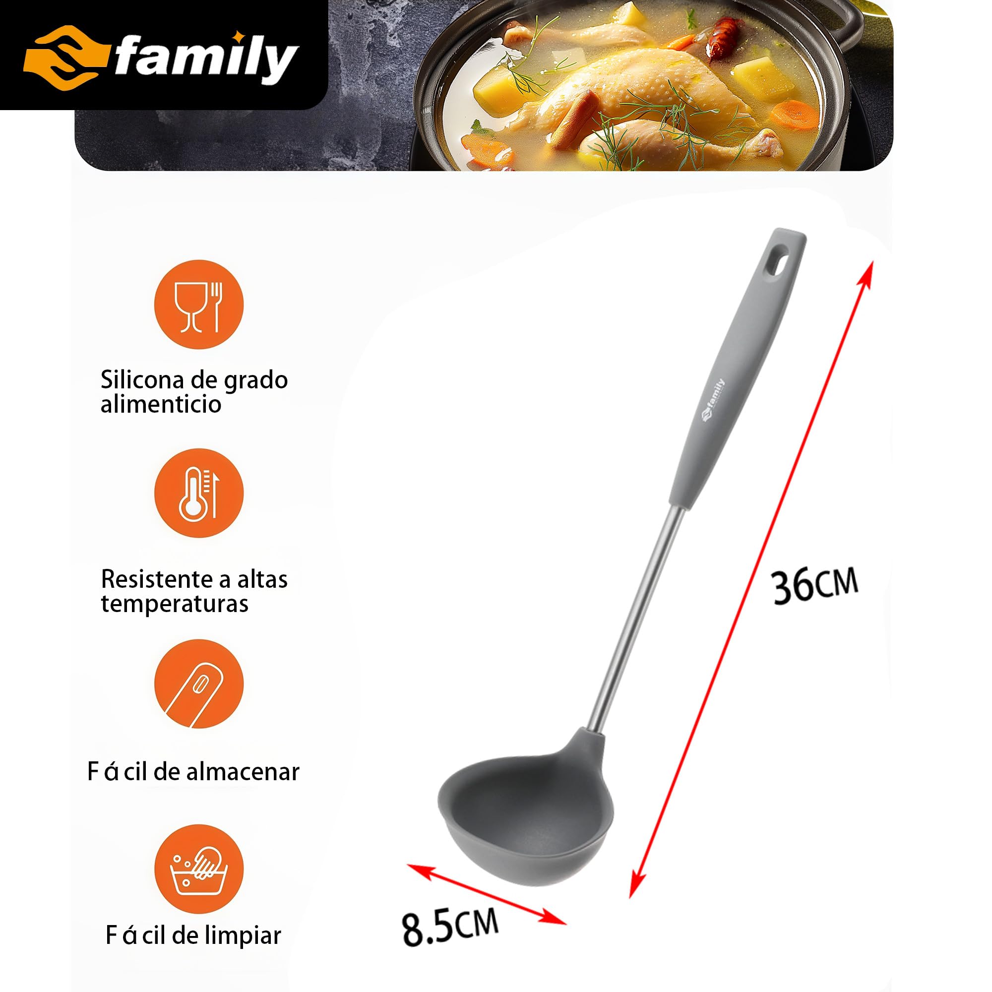 FAMILY Espumadera de Silicona para Cocina 37.5x11cm, Mango Ergonómico U de Acero Inoxidable, Resistente al Calor y Antiadherente, Perfecta para Freír, Escurrir y Servir Alimentos