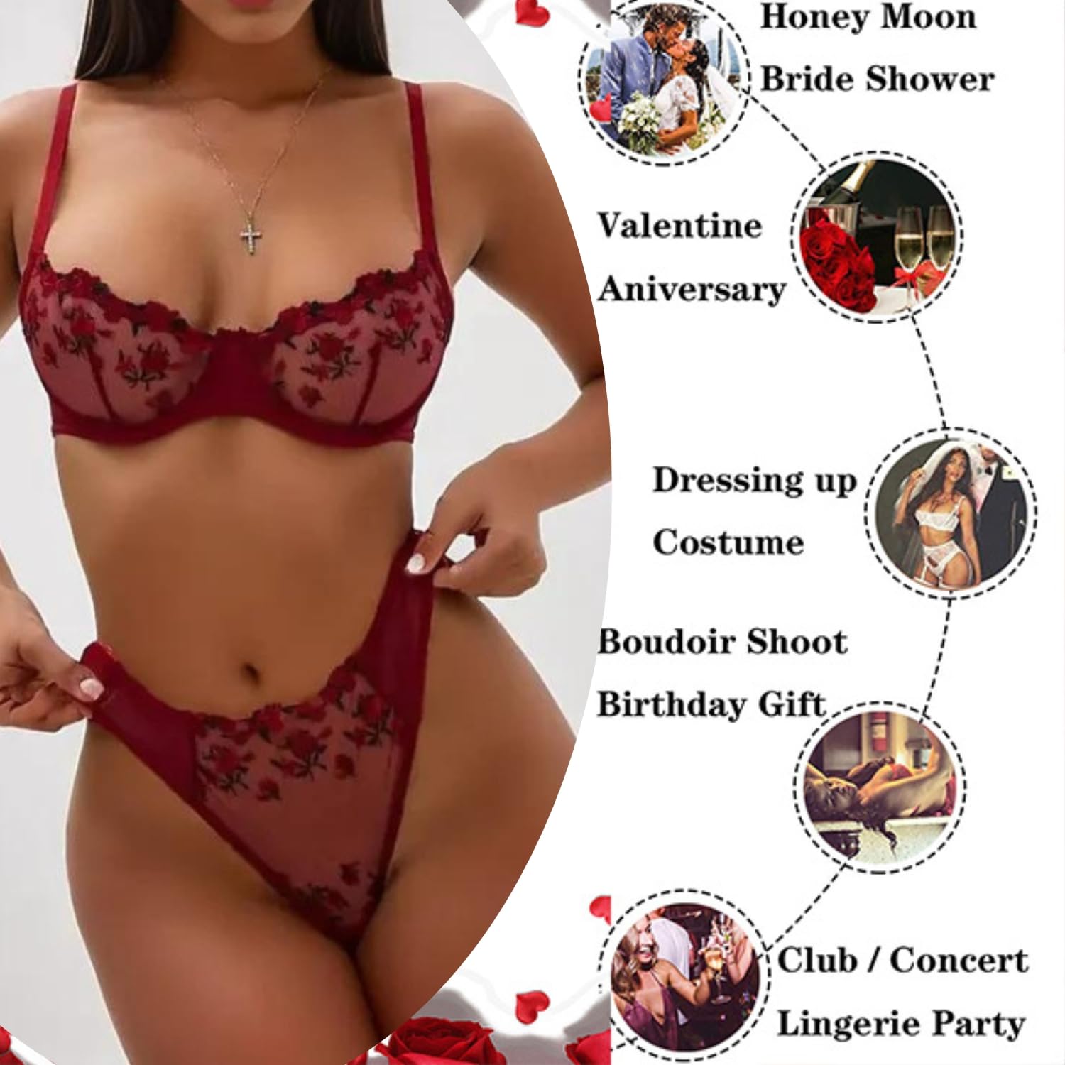 ROSVAJFY Sexy Dessous-Sets für Damen Blumen Bestickt Netz 2 Teiliges Unterwäsche Set Bügel BH und Slip Set Transparent Spitze Reizwäsche Flirty Lingerie Frauen Babydoll Dessous S-XL