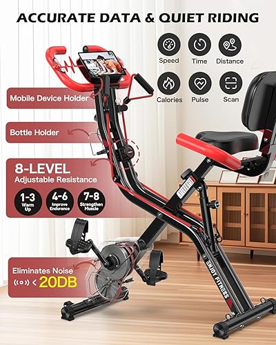 Miniatura 4 de pooboo - Bicicleta de ejercicio plegable, bicicleta estática vertical plegable, bicicleta magnética para interiores X-Bike con resistencia ajustable