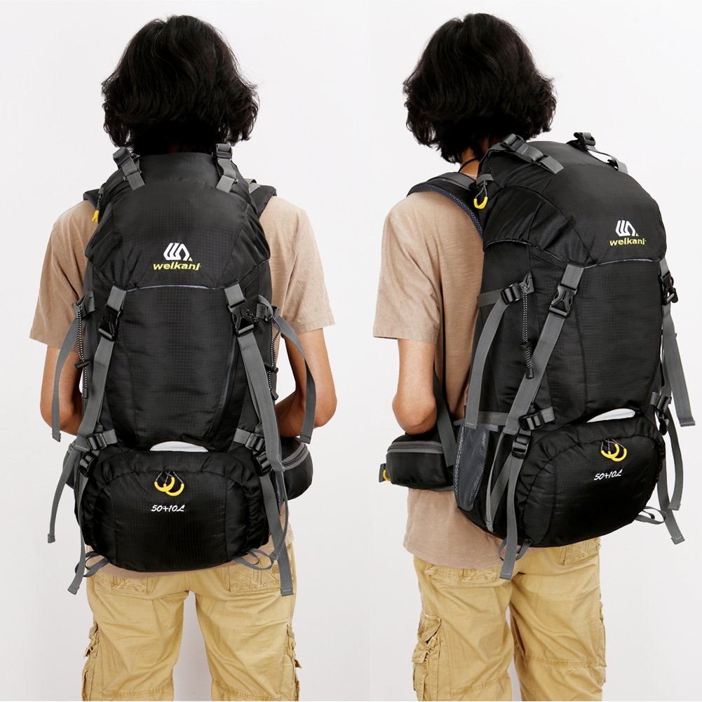 SHADOW DOMAIN Mochila de Senderismo 45L + 5L 60L 65L+5LImpermeable Mochila de Senderismo con Cubierta Lluvia (04 Negro, 50L+10L)