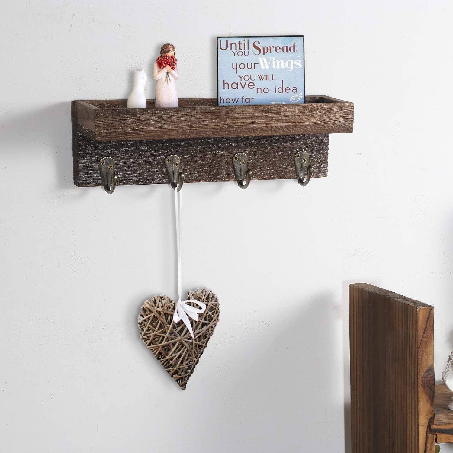 DOCMON Key Holder for Wall, Wall Mounted Rustic Wood Floating Shelf Mail Organizer with 4 Metal Hooks, Farmhouse Wall Shelf Decor Key Rack Hanger for Entryway, Hallway, Bedroom, Office