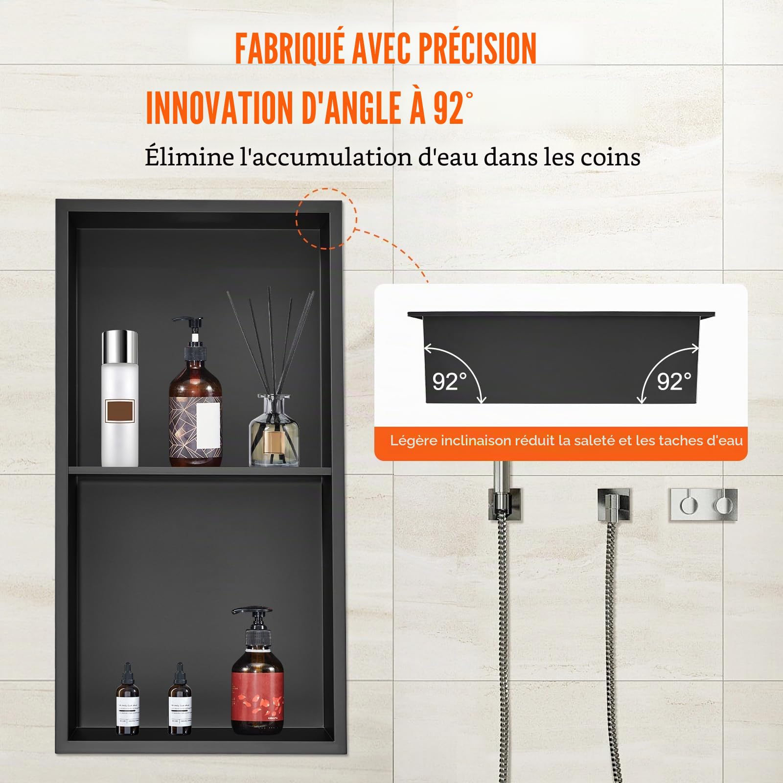 VEVOR Niche Encastrable Salle de Bain 33,02x63,5 cm Niche Douche Murale Double Étagère Acier Inoxydable 304 Scellée Étanche Facile à Nettoyer Moderne pour Stockage de Savon Douche Salle de Bains, Noir