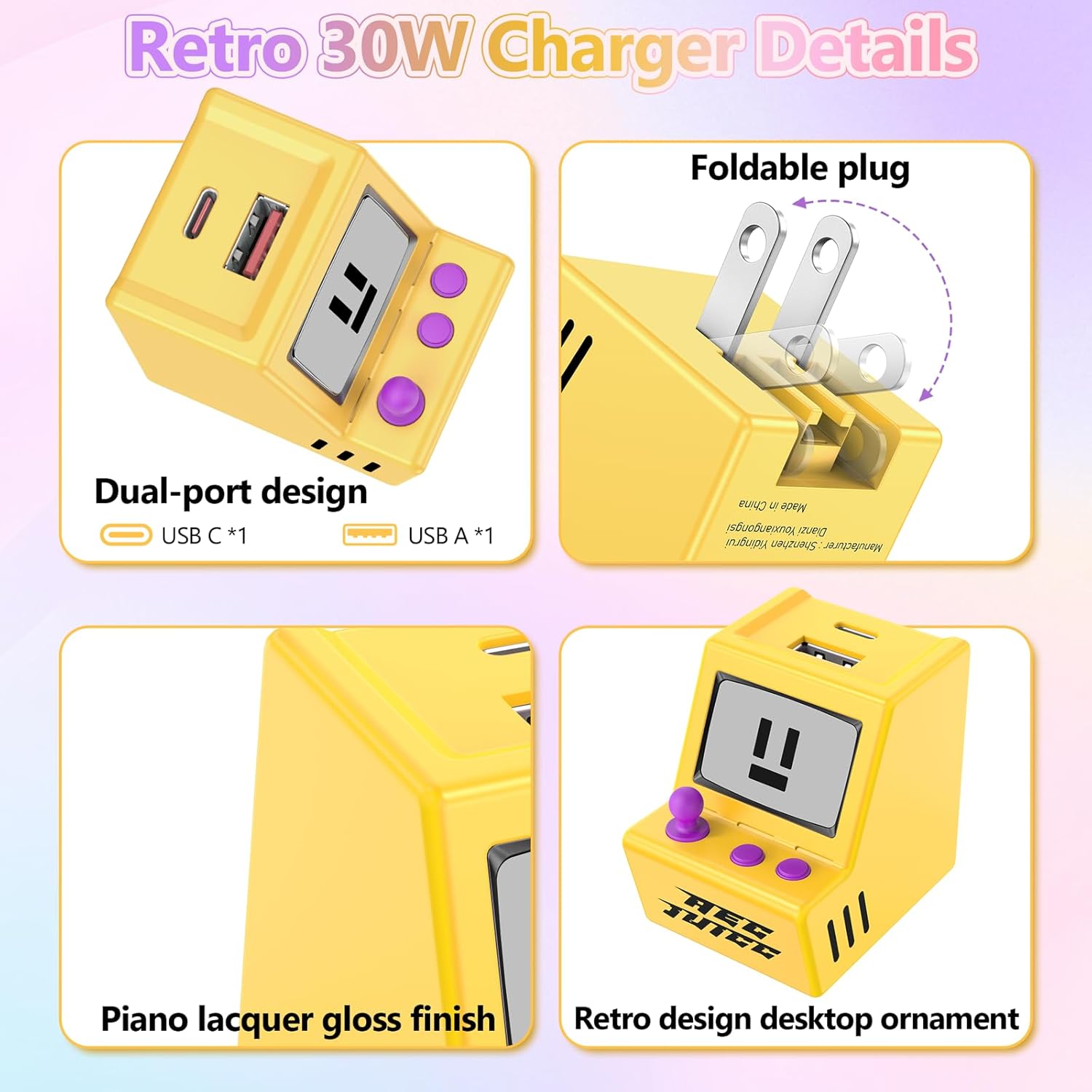 30W USB C Wall Charger Dual USB A Charger Block with Foldable Plug 3A Fast Charging Type C Phone Block Charging Box Brick for iPhone 17, Air, Pro, Pro Max, for iPad for Samsung Galaxy, Yellow - Image 3