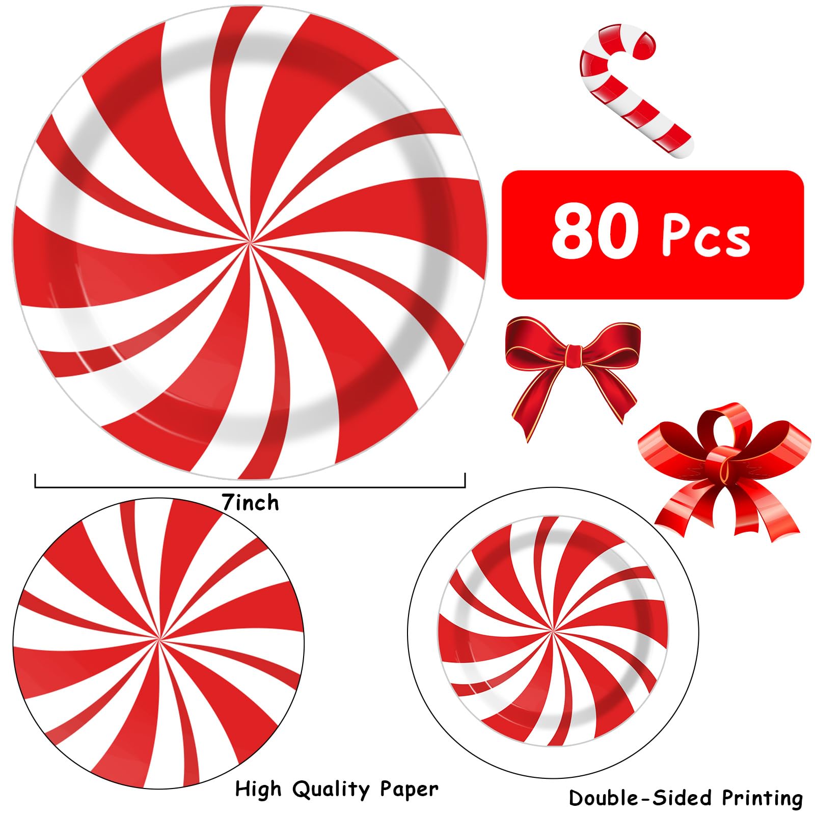 Wiooffen 80 platos de papel de menta de Navidad, suministros de fiesta, decoraciones de caramelo, menta para feliz año nuevo, vacaciones, Navidad, suministros de fiesta de menta, vajilla de papel