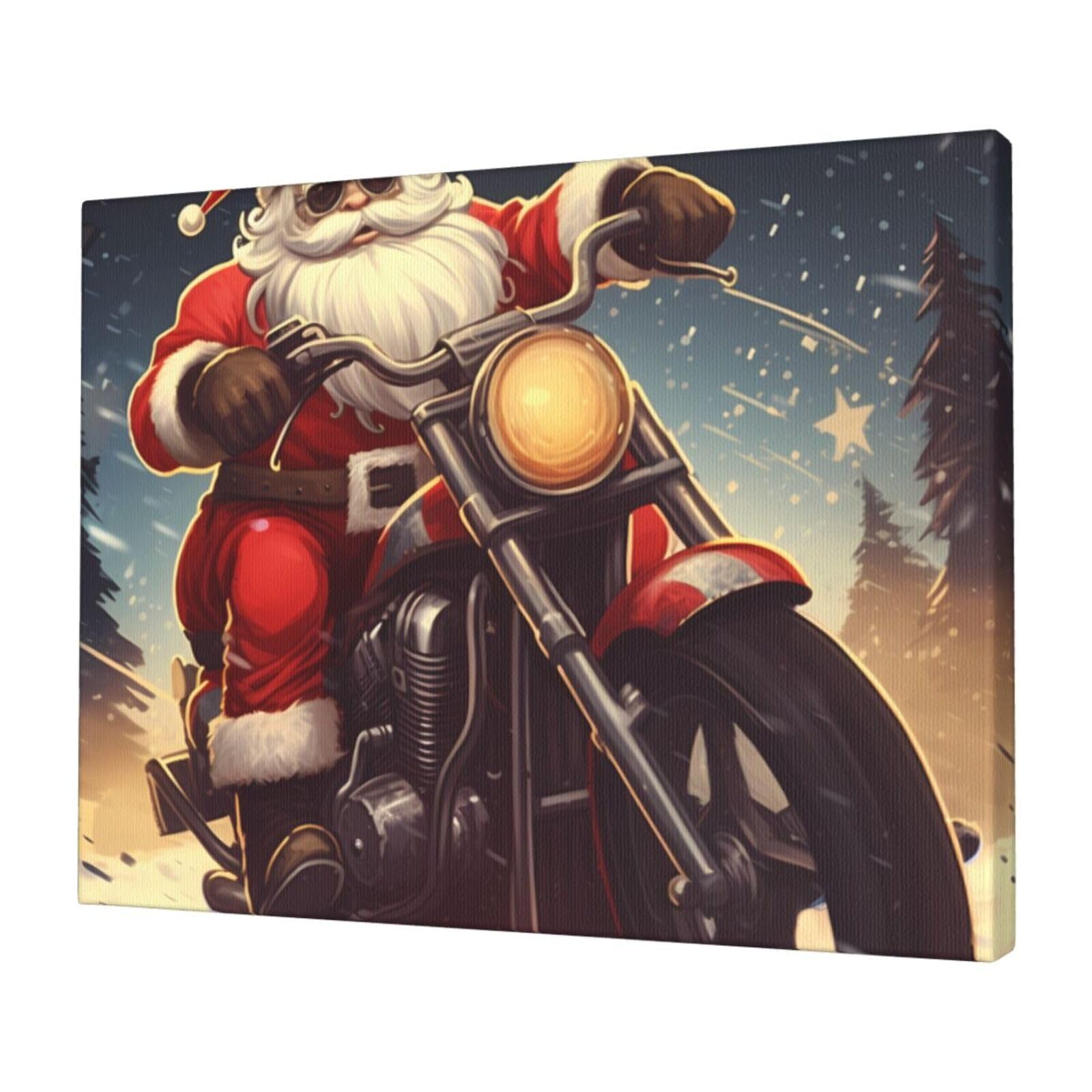 FodPand Canvas Wall Art for Living Room Wall Decor 12"x16" Modern Artwork Painting Pictures Hanging Canvas Prints Santa Claus Biker Riding Aesthetic Wall Art for Bedroom Bathroom Office Wallart Decor