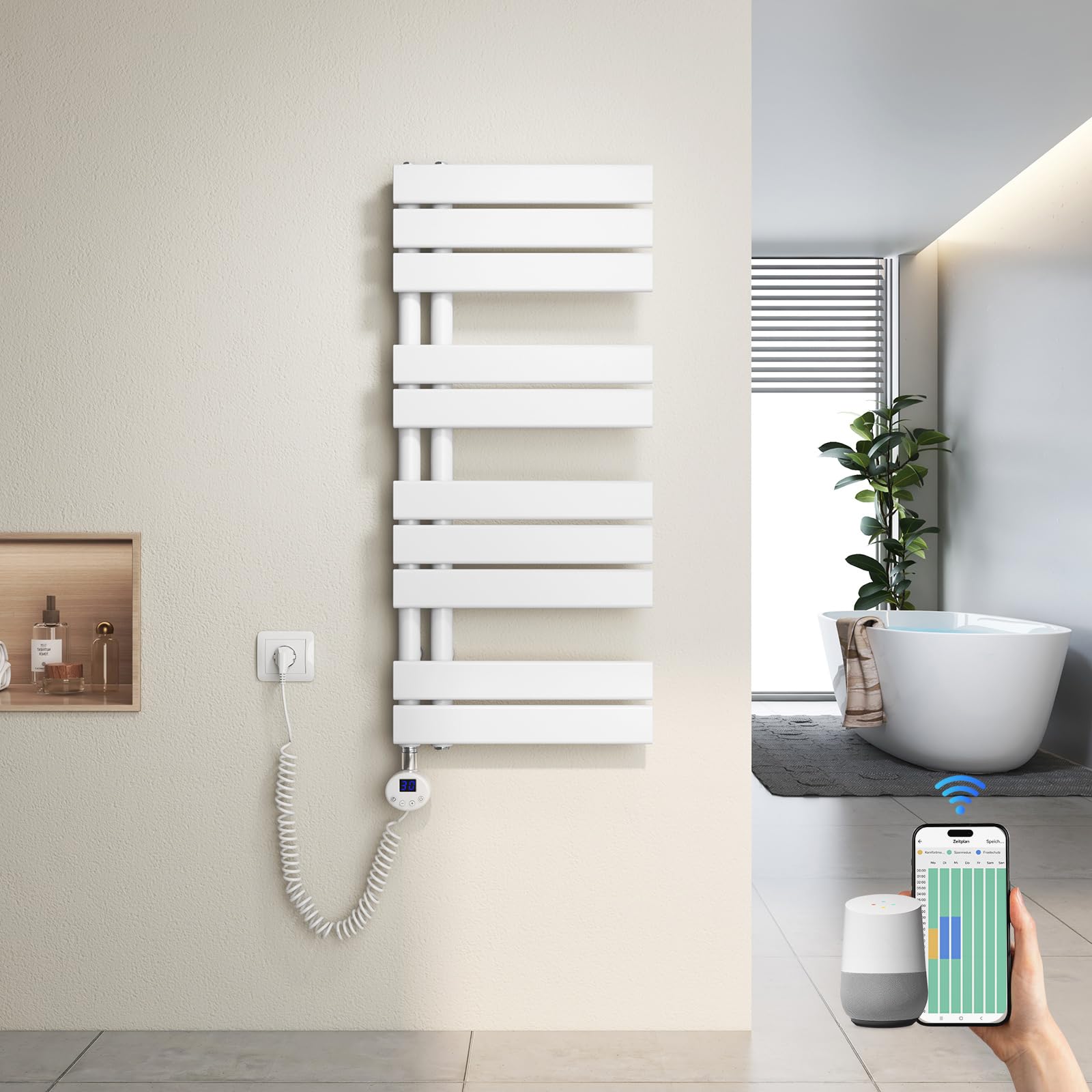 Heilmetz Toallero Eléctrico Baño 899x400mm 400W Blanco, Radiador Toallero con WiFi y Termostato Inteligente, Control por App, Elemento Calefactor con Función Temporizador