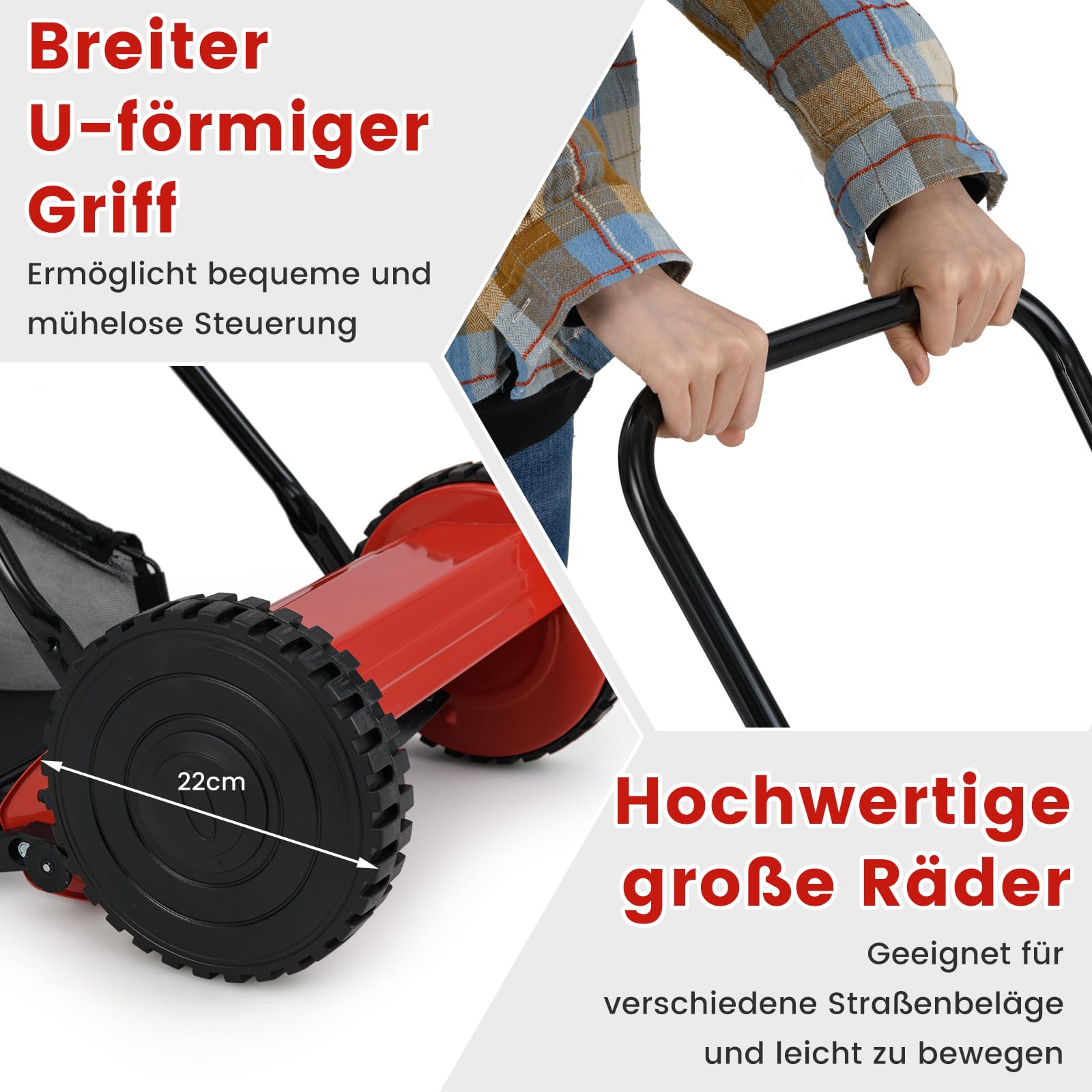 COSTWAY Spindelmäher, Hand-Rasenmäher, 30 cm Schnittbreite, 18,5 Liter Fangkorb, Schnitthöhe 4-Fach verstellbar: 15-40mm, Handrasenmäher mit 5 Messern zur Rasenpflege, leicht und wendig (Rot)