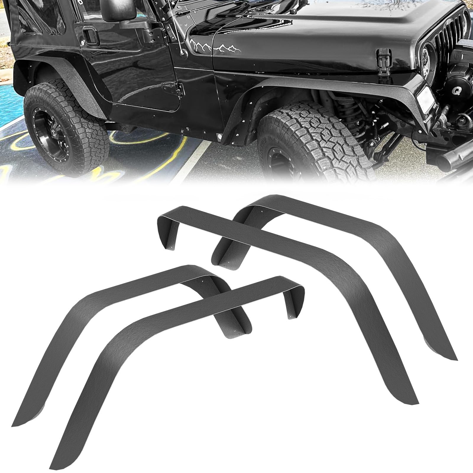 for TJ LJ Flat Front & Rear Fender Flares 4 PCS Kit Compatible with 1997-2006 Jeep Wrangler TJ & 2004-2006 Jeep Wrangler LJ, Heavy Duty Steel Mud Guard Off-Road Wheel Fenders Combo