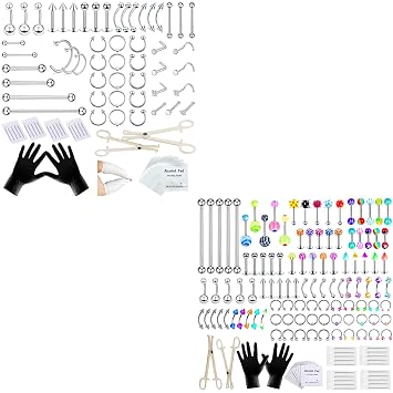 220Pcs Complete Body Piercing Kit 316L Stainless Steel Jewelry & 12G/14G/16G/20G Sterile Needles with Tools for Nose, Navel, Lip, Ear, Septum, Eyebrow, Cartilage, Tragus, Tongue