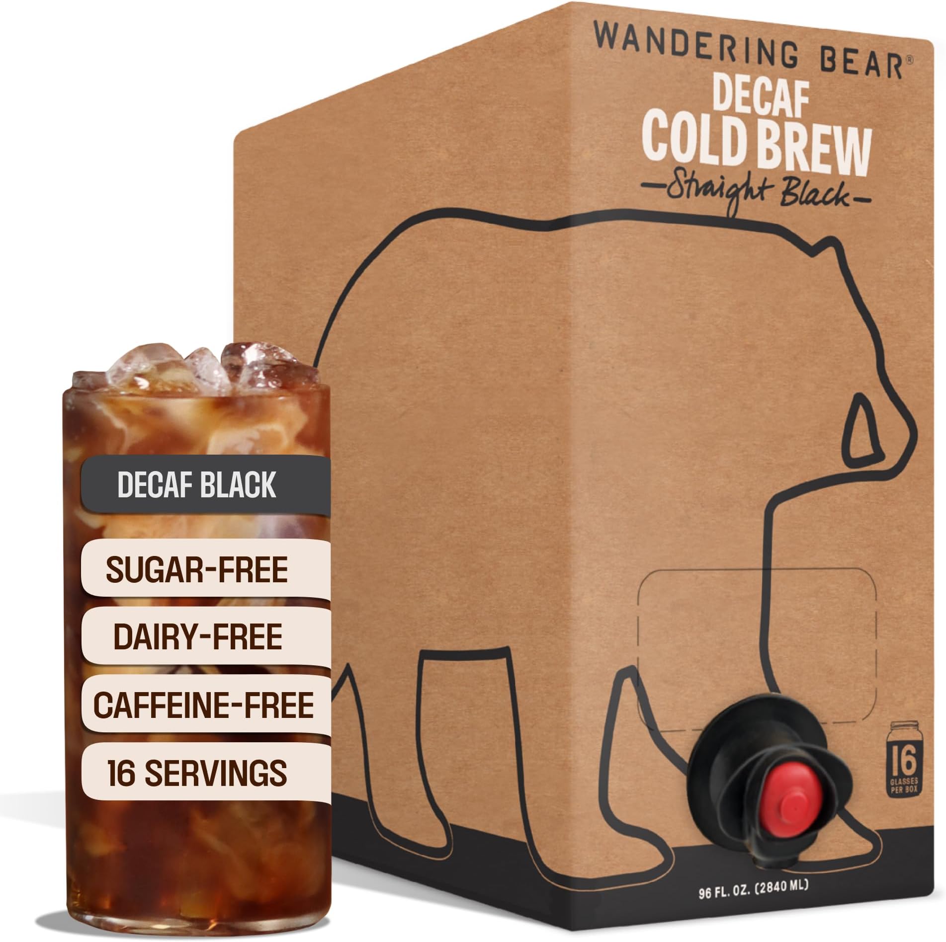 Decaf Cold Brew Coffee On Tap, Iced Coffee Drink - Bold, Smooth, No Sugar Added, Shelf-Stable, Ready to Drink, Gluten Free & Vegan Decaf - 16 Servings of 6fl.oz - 96fl.oz