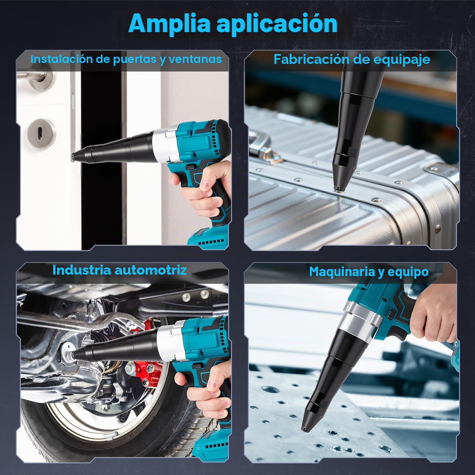 Remachadora inalámbrica compatible con Makita 18V, remachadora inalámbrica con motor sin escobillas, 3 boquillas para remaches de aluminio y acero inoxidable de 2,4-5,0 mm, con luz LED