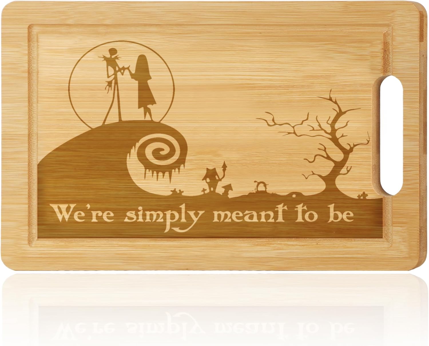 Nightmare - Tabla de cortar de bambú grabada Jack and Sally Bandeja de madera para servir alimentos para cocina, carnicero con asas, ranura para