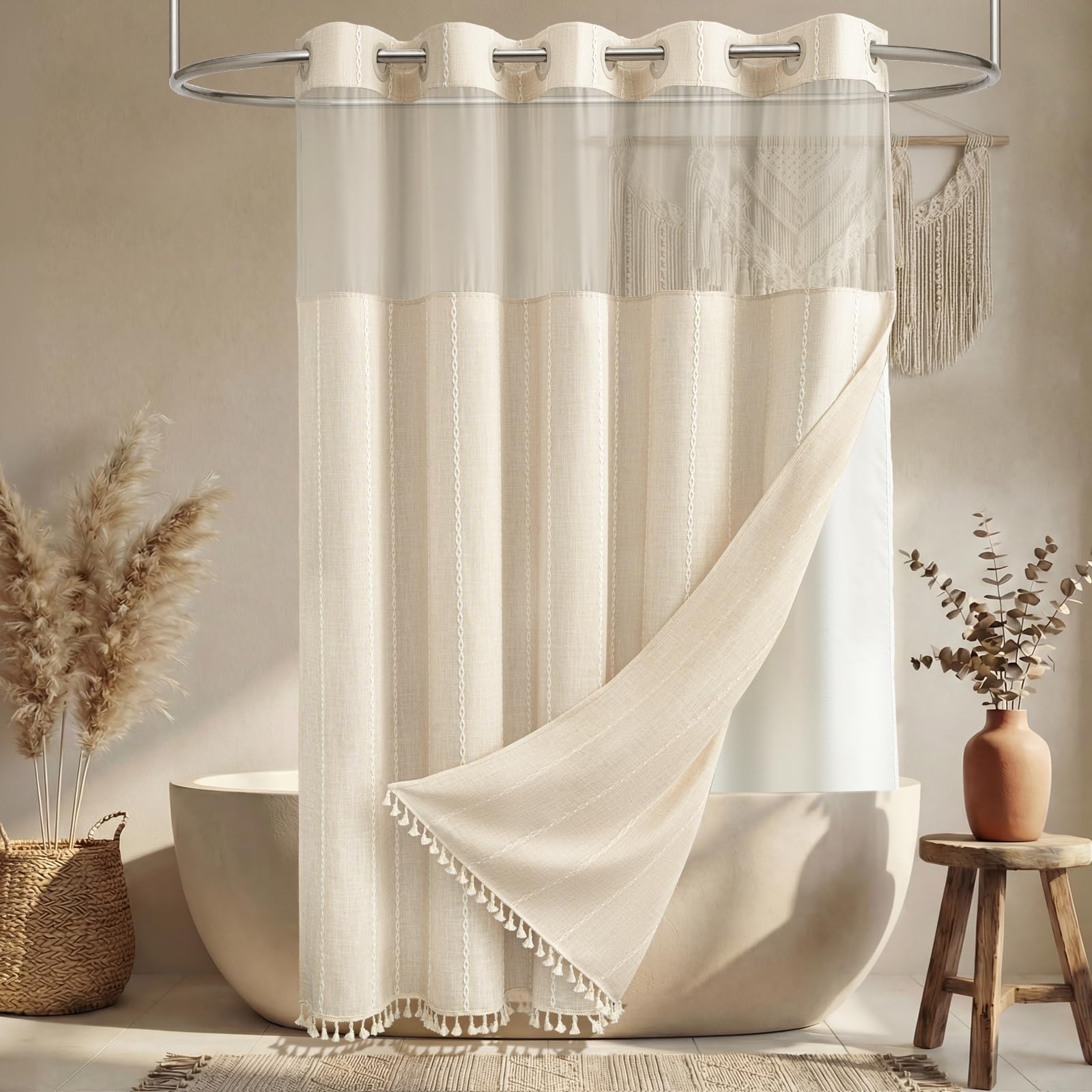 Photo 1 of BTTN Ringless Long Shower Curtain Set, 72x78 Inch Tall Boho Vintage Waterproof Linen Fabric Shower Curtain with Tassel, Farmhouse Cloth Bath Curtain with Snap in Liner with 3 Magnet, Beige/Cream