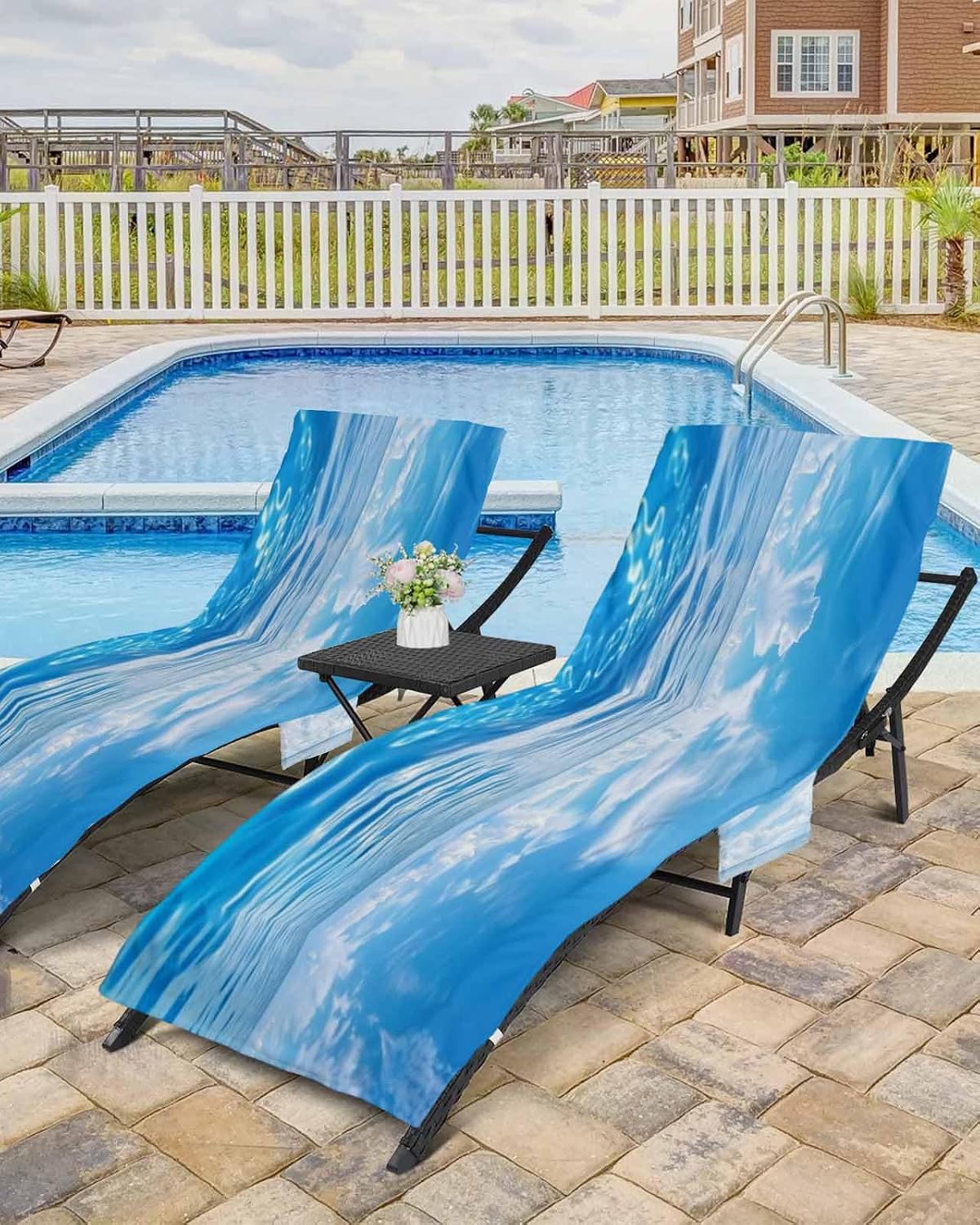 Blue Summer Beach Beach Lounge Chair Towel Cover, Soft Chaise Lounge Towel with Side Pockets Patio Pool Chairs Cover for Beach/Pool Sunbathing 29x85 Seaside Ocean Coastal Nautical