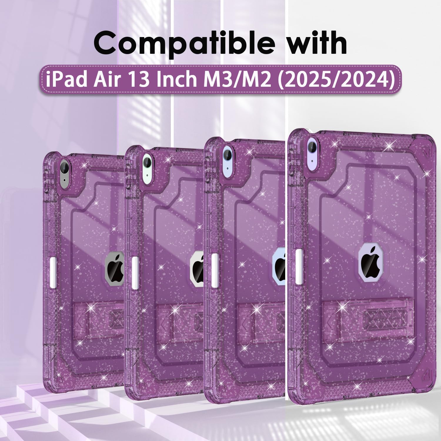 for iPad Air M3 13 Inch Case 2025, for iPad Air M2 13-inch 6th Gen 2024 Glitter Slim Cover with Pencil Holder Heavy Duty Shockproof Hard Protective Case with Kickstand, Purple - Image 2