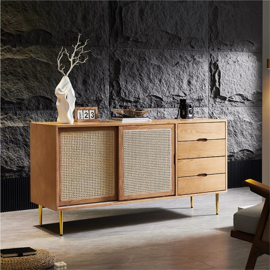 Buffet Cabinet Solid Wood Sideboard, Chinese Rattan Storage Cabinet, Buffet With, Suitable for Study, Dining Room, Bedroom Buffet Cabinet with Storage