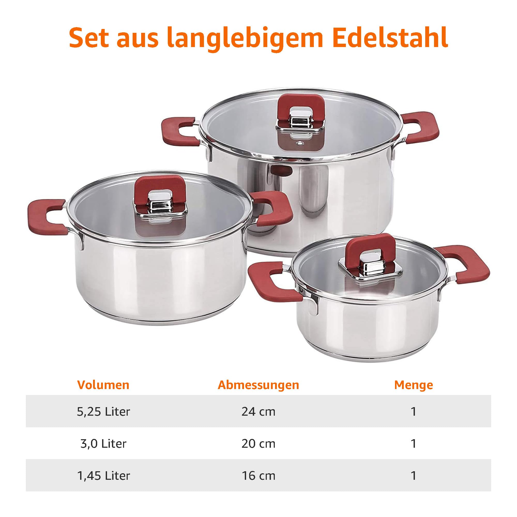 Amazon Basics 3 Stück Kochtopf-Set - Edelstahl, anti-haftend, induktionsgeeignet, mit Deckeln - 16/20/24 cm