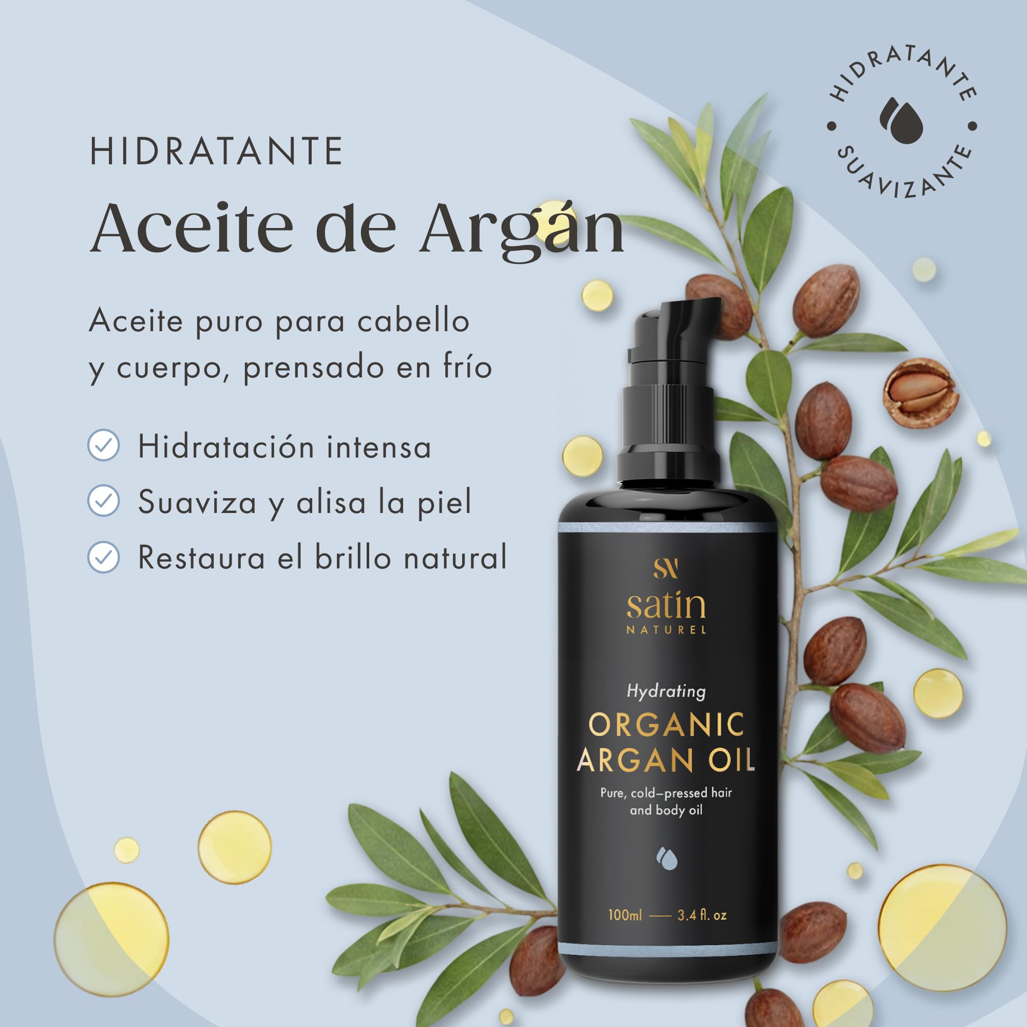 Satin Naturel Aceite de Argán Bio 100 ml – 100% Aceite Puro Prensado en Frío – Aceite Natural para Cabello, Piel, Uñas y Barba – Aceite para Cabello Seco y Cuero Cabelludo, Certificado Orgánico