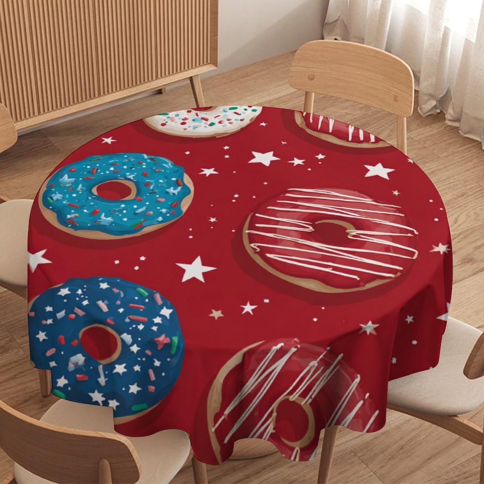 LUYYSKY Vintage Classic Patriotic Donut Round Tablecloth Rustic Watercolor Food Donut Star Pattern Washable Decor for Table Cover for Kitchen-127 Wx127 L cm