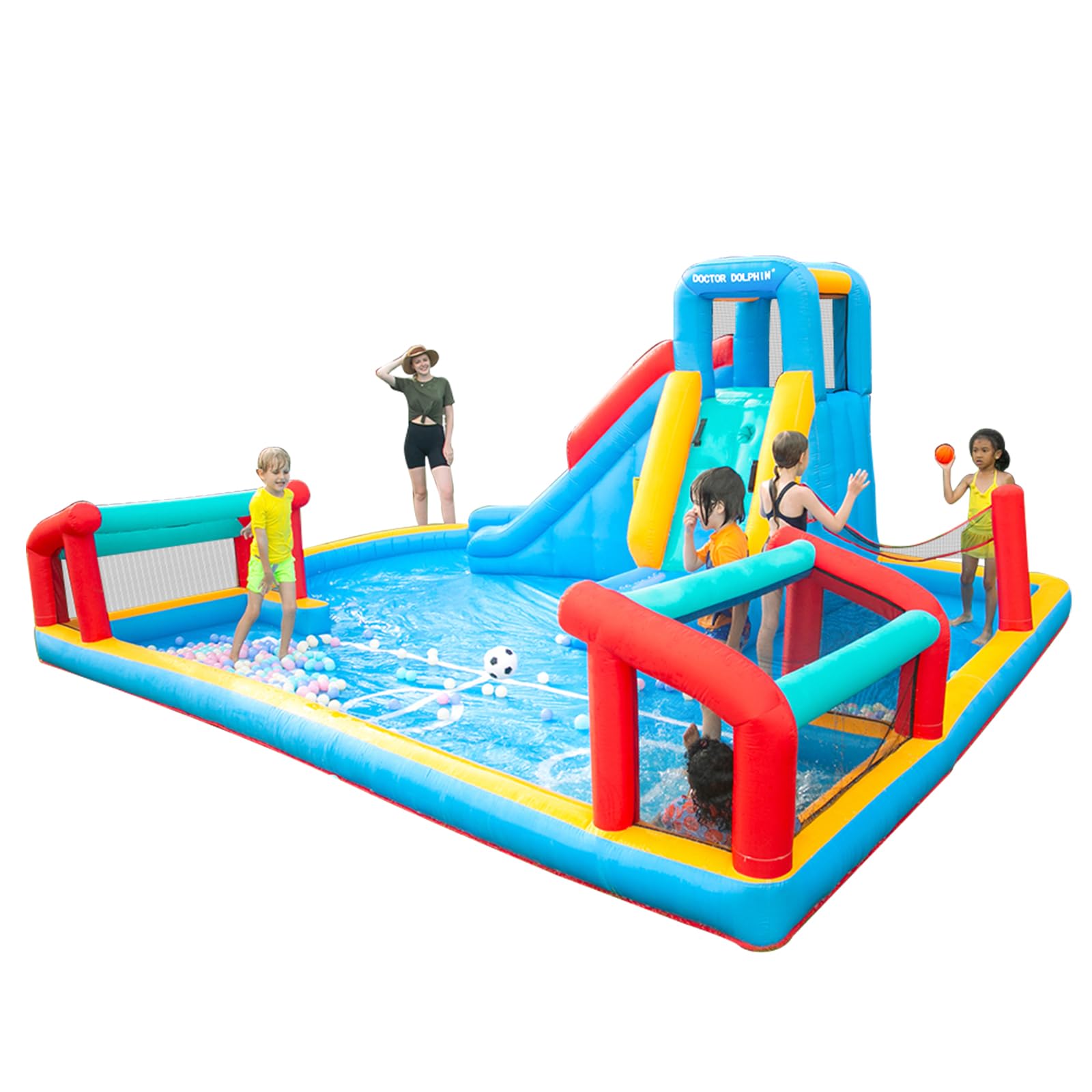 Doctor Dolphin Inflatable Water Slides, Bounce House with Waterslide, Water Bounce House for Kids, Blow Up Water Park Outdoor Backyard for Wet or Dry