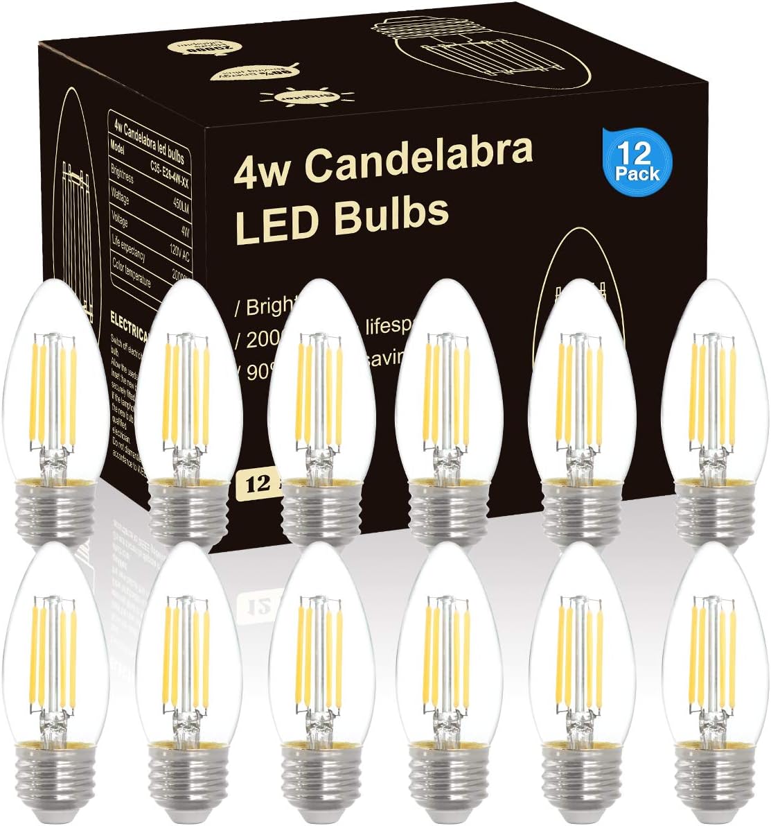 ZJOJO Vintage LED Edison Bulbs 500 lumens 4W Equivalent 40W,High Brightness Daylight White 2700K, Light Bulbs with 80+ CRI, CA10 Candle Light Bulbs,Pack of 12,3 Years Warranty