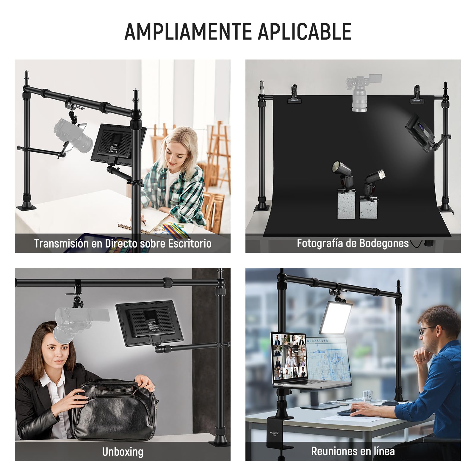NEEWER NK002 Overhead Camera Mount Rig Platform con Soporte Teléfono/2 Cabezas/Brazos/Super Clamp/Paño para Mic Webcam, Soporte Escritorio Múlti Dispositivo con Ancho Altura Ajustable,Carga 26lb/12kg