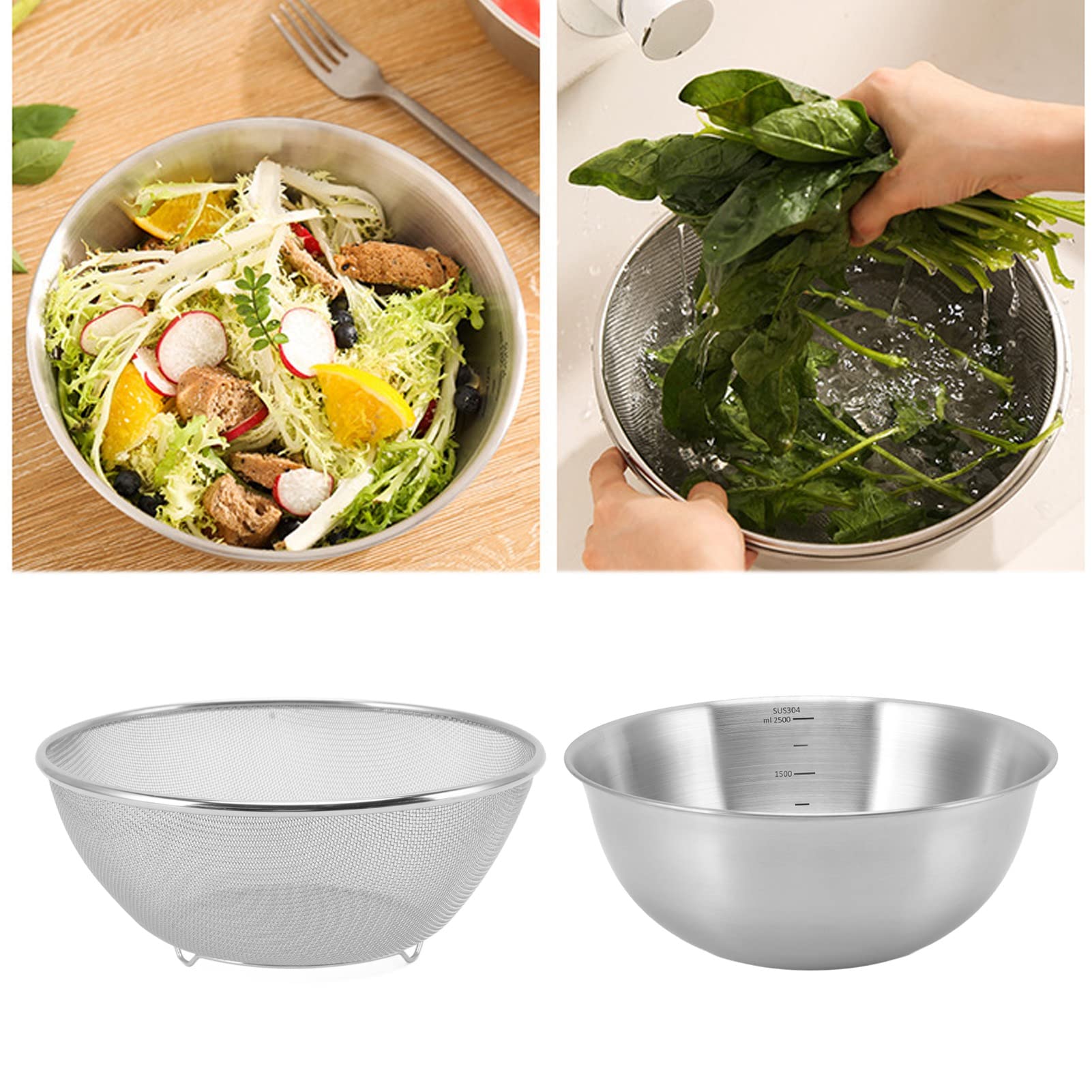 Colador de Acero Inoxidable, Colador de Colador para Cocina, Colador de Metal, Coladores de Malla Fina de Acero Inoxidable (Cuenco+Pantalla de malla)