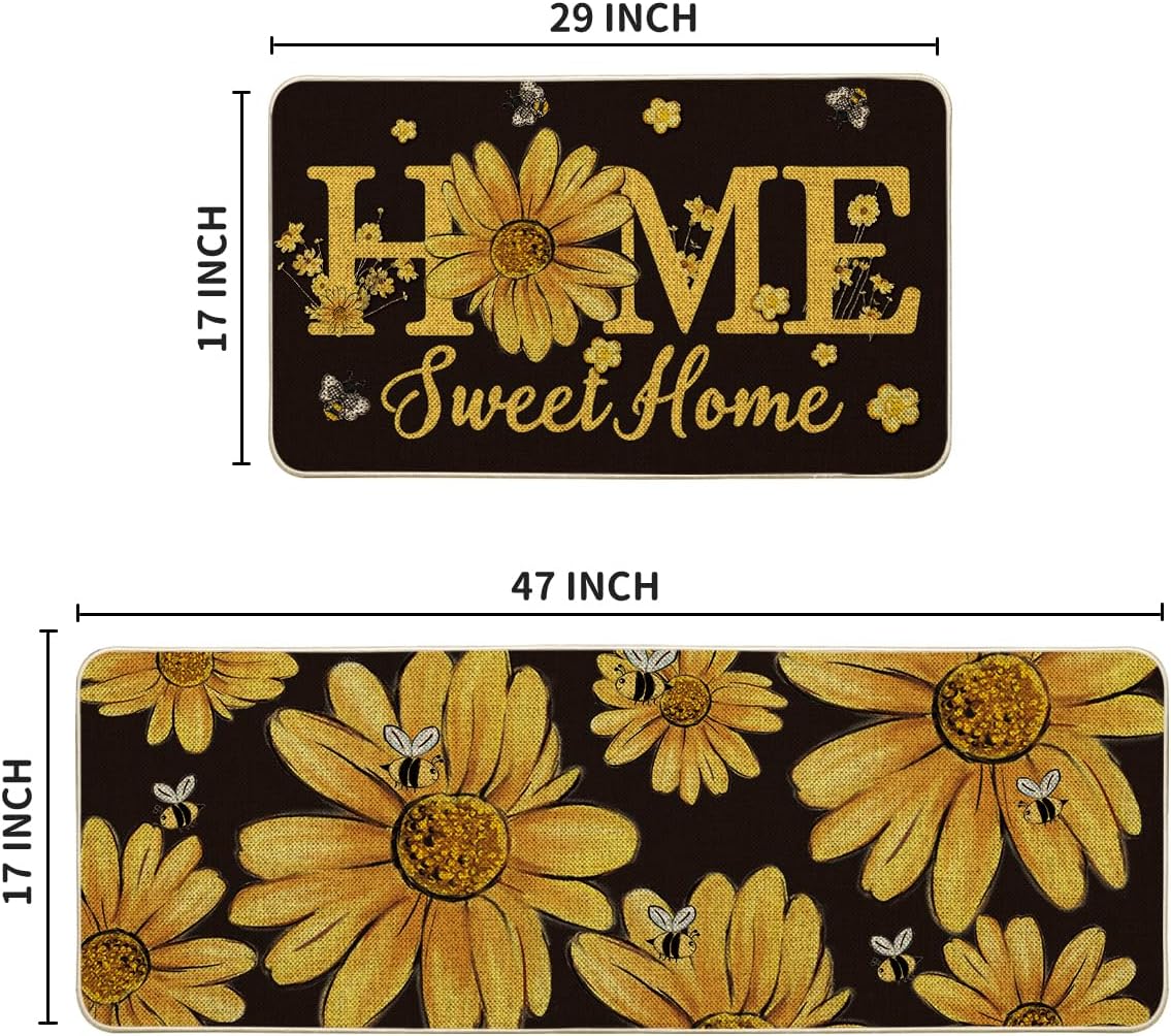 Artoid Mode Black Bee Sunflower Daisy Home Spring Kitchen Mats Set of 2, Summer Home Decor Low-Profile Kitchen Rugs for Floor - 17x29 and 17x47 Inch