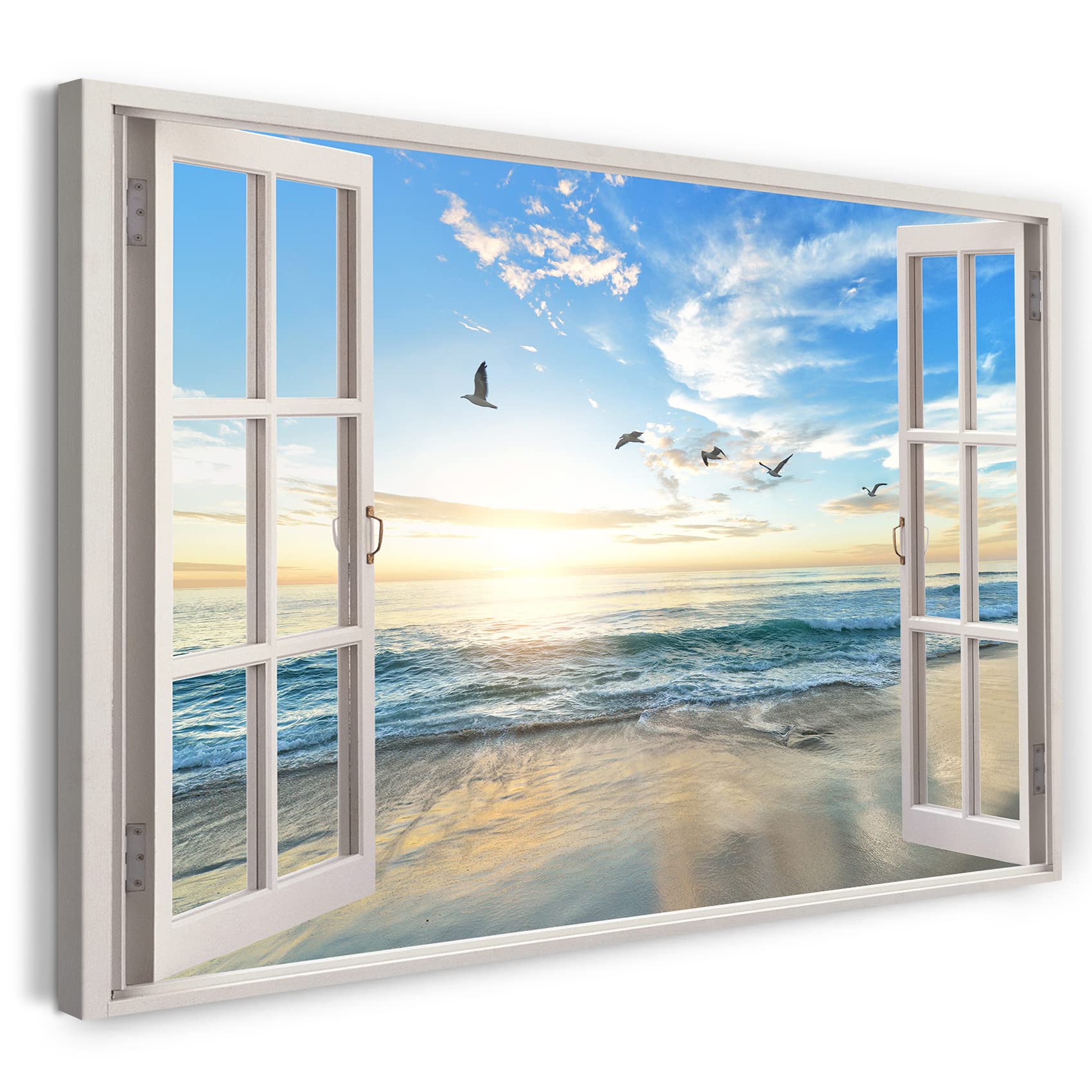 Print on Canvas (100x70 cm) view from the window - sea gulls birds nature sun - nature photography, real wood frame with hook