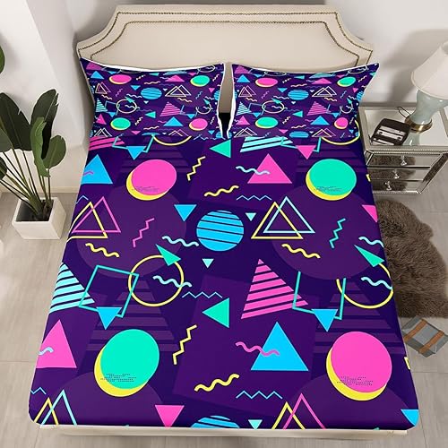 Manfei Memphis - Juego de sábanas bajeras de tamaño individual, estilo retro de los años 80 o 90, 2 piezas para niños y niñas, funda de cama