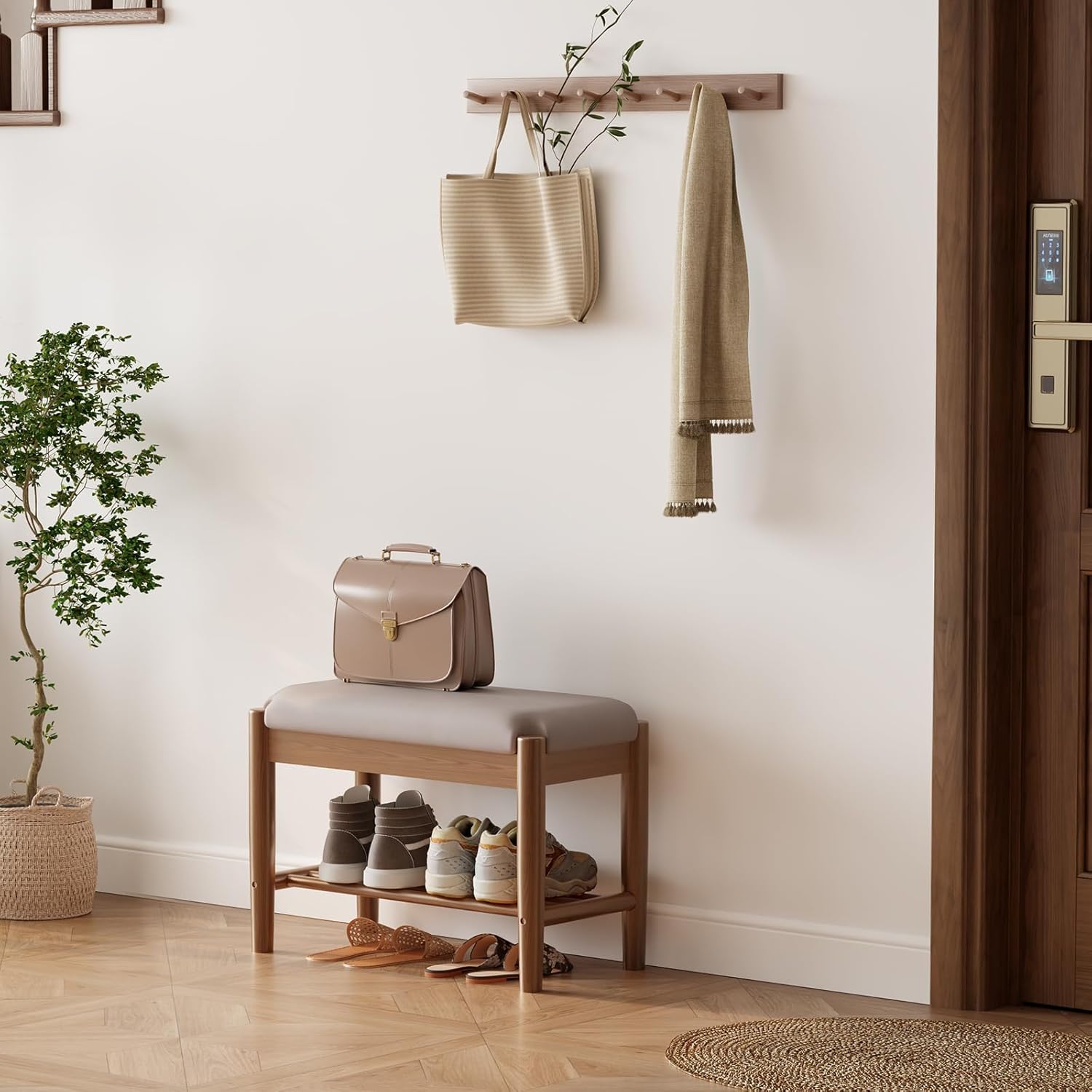 Small Shoe Rack,Bench with Shoe Storage with Leather Cushion,Solid Wood 2-Tier Small Bench for entryway,Hallway(Gray,23.6")