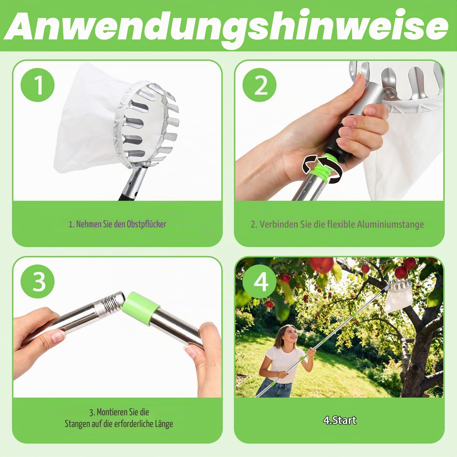 4.2M Obstpflücker mit Teleskopstiel, 10 Abschnitte Apfelpflücker mit Stoffbeutelhalter und Schnur-Aufbewahrungstasche, Zum Pflücken von Früchten aus hohen Bäumen