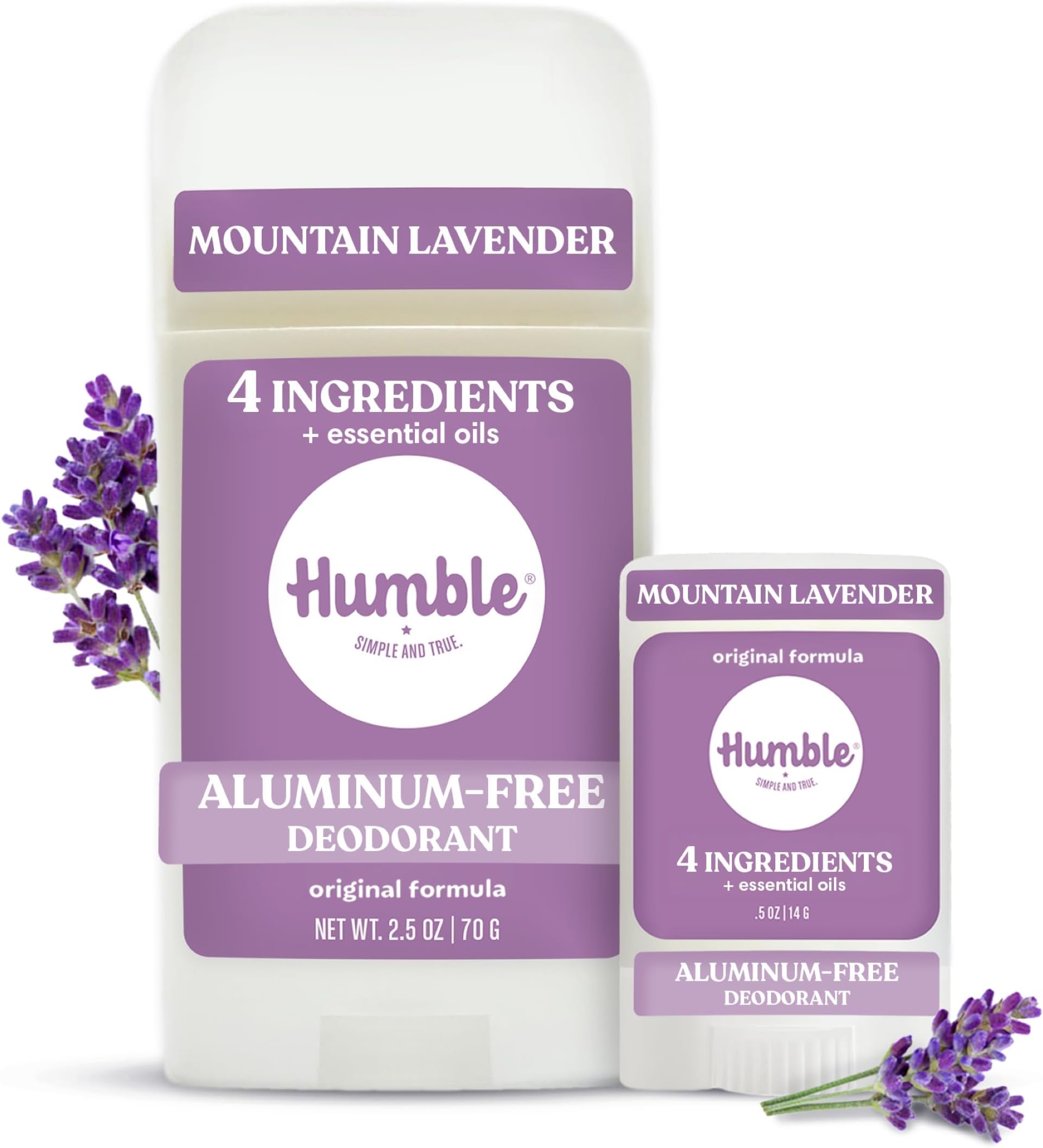 HUMBLE SIMPLE AND TRUE. (Mountain Lavender) - Br s All Natural Aluminium Free Deodorant Stick for Women Men, Lasts All Day, Safe, Certified Cruelty Free Bundle with Full Travel Size, Mountain Lavender
