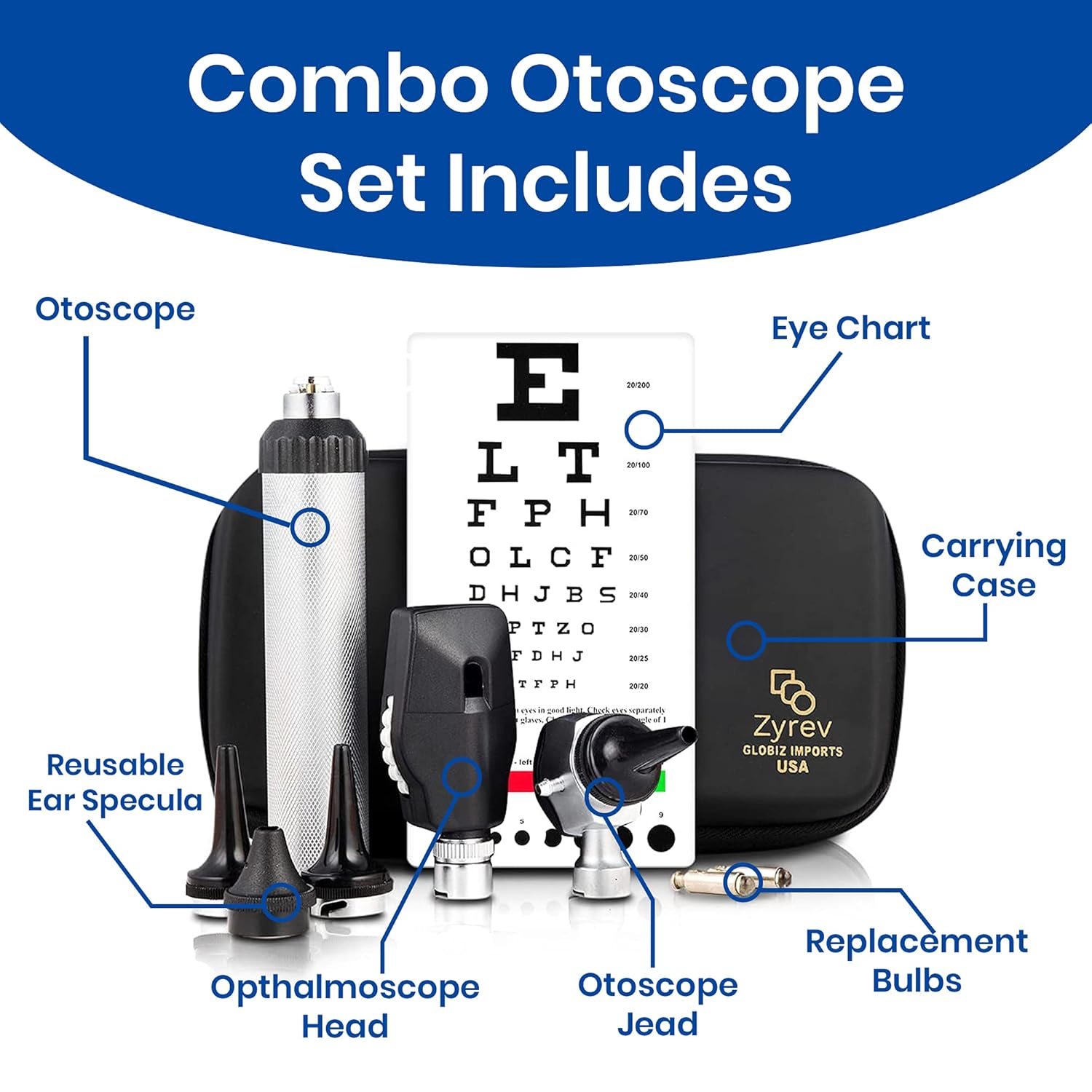 Diagram showing components of the Zyrev Combo Otoscope Set: Otoscope, Eye Chart, Carrying Case, Ophthalmoscope Head, Otoscope Head, Replacement Bulbs, Reusable Ear Specula.