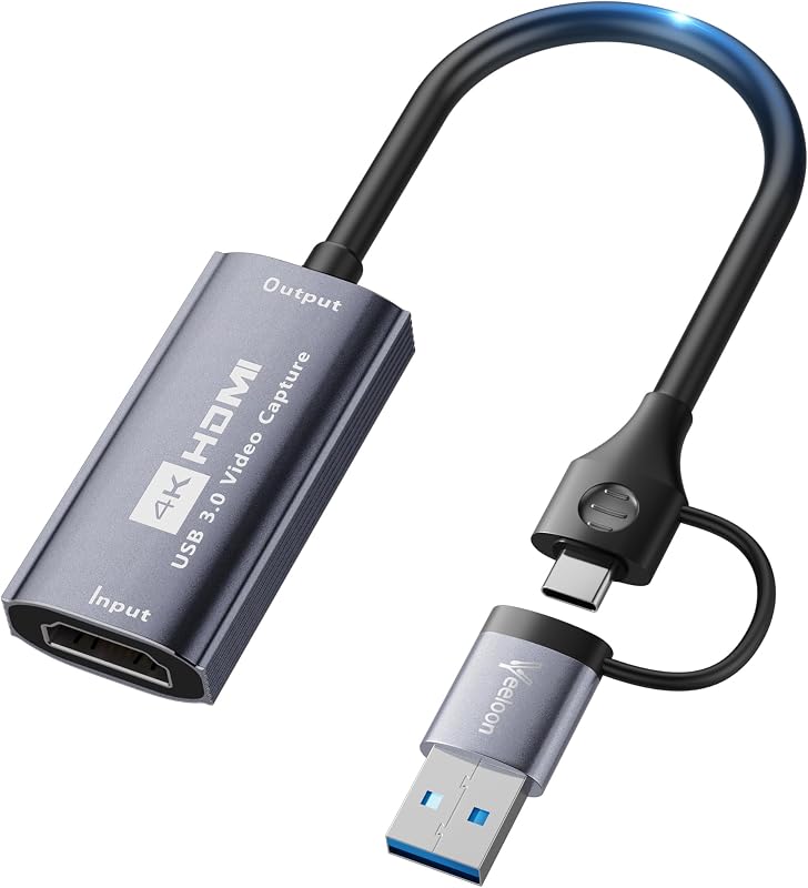 Video Capture Card for Streaming,4K HDMI to USB C Capture Card with USB A 3.0 Adapter,1080P 60FPS,Compatible with iPad Mac OS Windows, PS4/PS5, Switch2/1, Xbox, Camera, DVDs,DSLR for Broadcasting BS