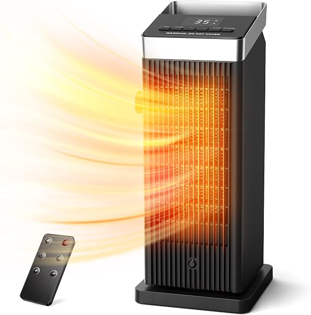 OMISOON QN18 Grzejnik 2000W, ECO Regulowany Termostat, Grzejnik Elektryczny PTC, 90°Oscylacja, 24H Timer, Regulacja Wiatru, Wielokrotna Ochrona, Pilot, 3 Tryby,Heater, Dom, Biuro, Czarny