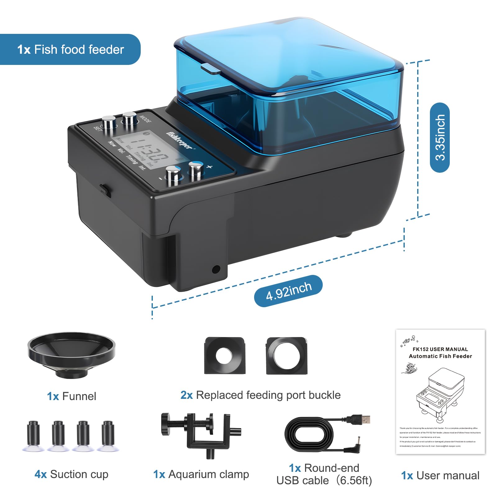 Fishkeeper Alimentador automático de peces recargable, 3 modos de alimentación, dispensador automático de acuario USB para pellets, copos de polvo, con pantalla LCD de batería de litio para vacaciones
