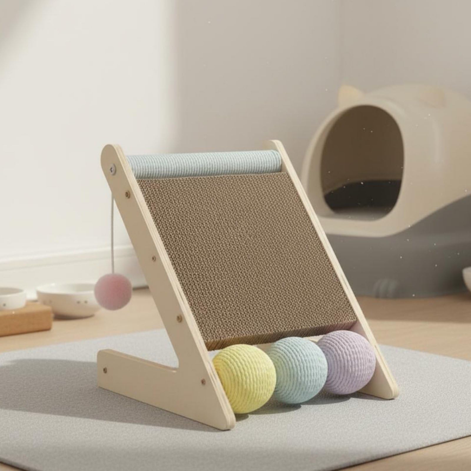 Griffoir Chat Carton Ondulé Ergonomic avec Boules Sisal et Jouet Tissu pour Chat Prévention Obésité et Digestion Saine