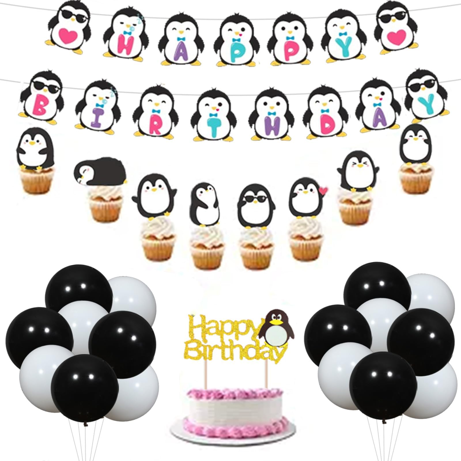 JOYMEMO Party Decorations Penguin Happy Birthday Banner Walking Balloons Cake Topper Penguin for Birthday Baby Shower